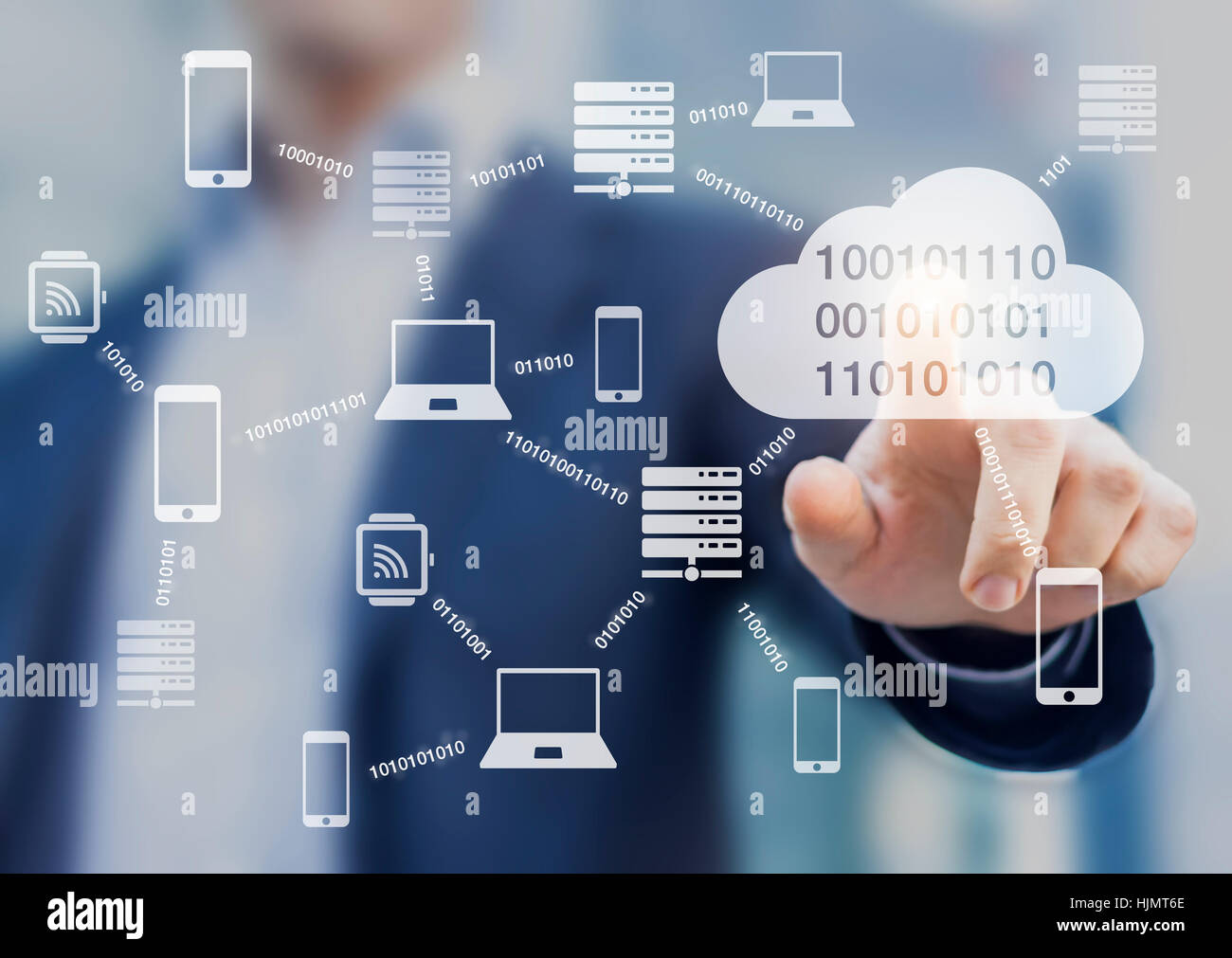 Data transmission and cloud computing concept with a network of servers, computers and devices exchanging binary digital information, person touching Stock Photo