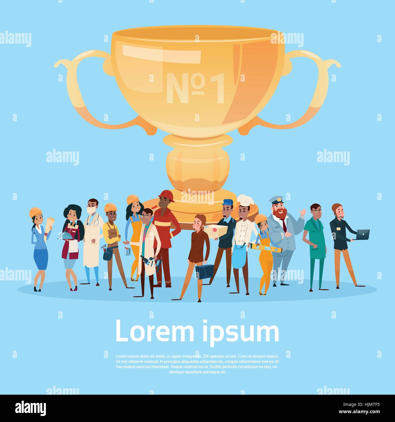 People Group Different Occupation Employees Hold Prize Winner Cup, Team Success Concept Stock