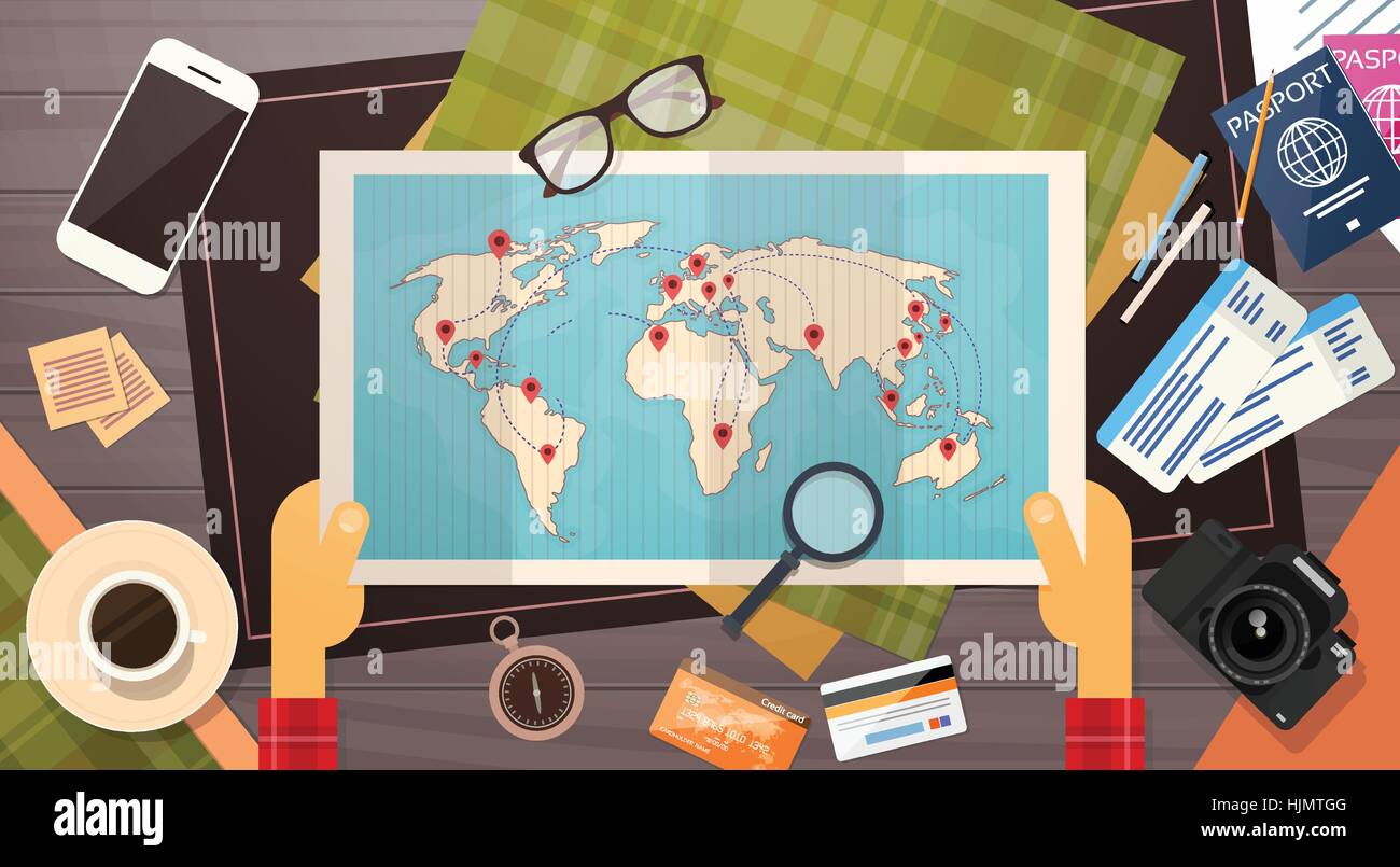 Ticket Boarding Pass Travel Document Hands Hold World Map With Pins ...