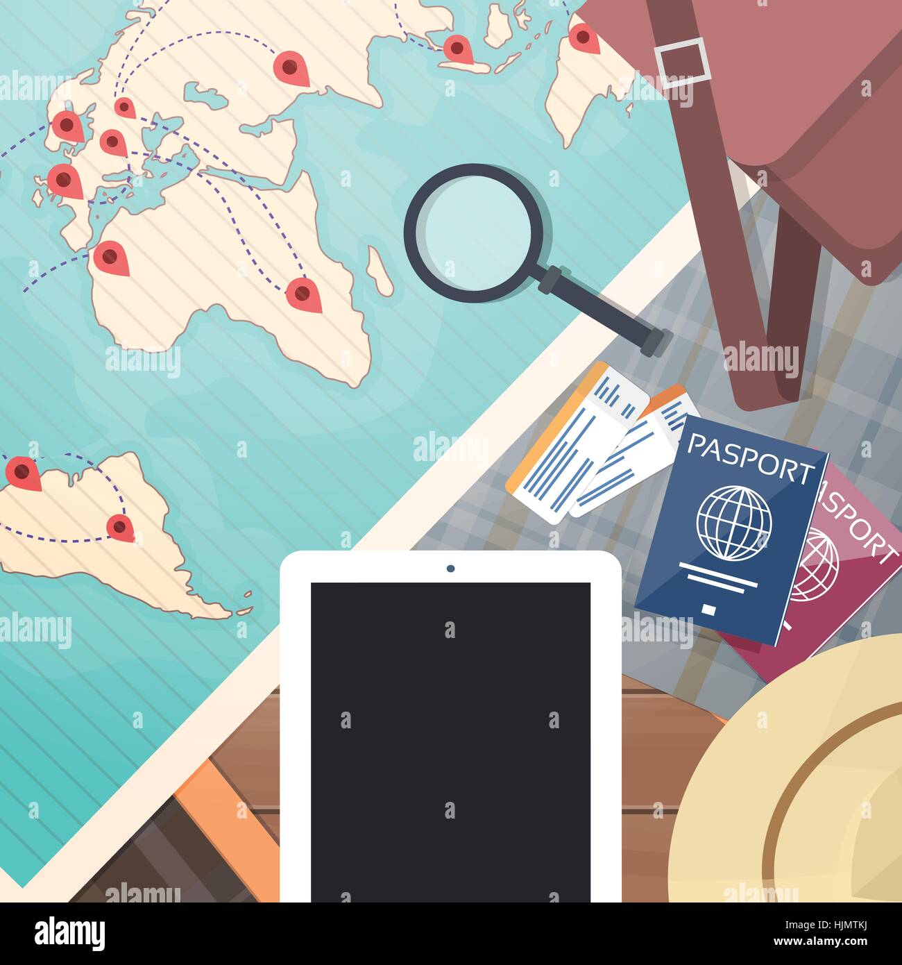 Ticket Boarding Pass Travel Document World Map With Pins Vacation ...