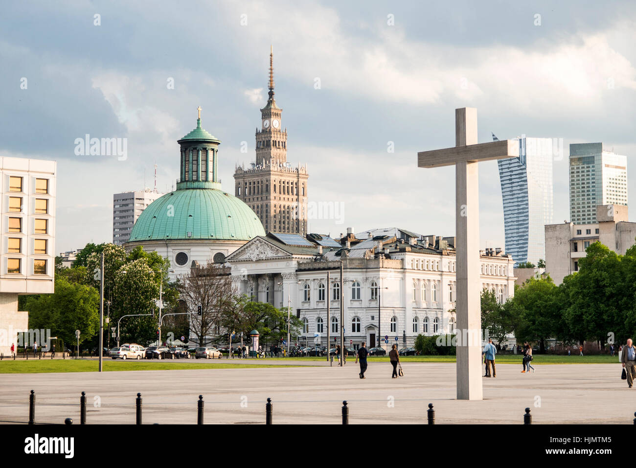 Poland warsaw the Pilsudski place white cross skyline culture palace tower Stock Photo