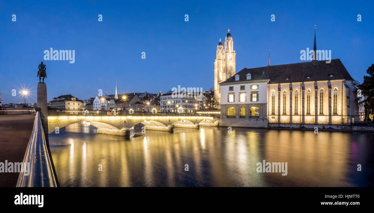 Grossmunster, cathedral,  river Limmat, Munster bridge, water church, christmas illumination, Zurich, Switzerland Stock Photo
