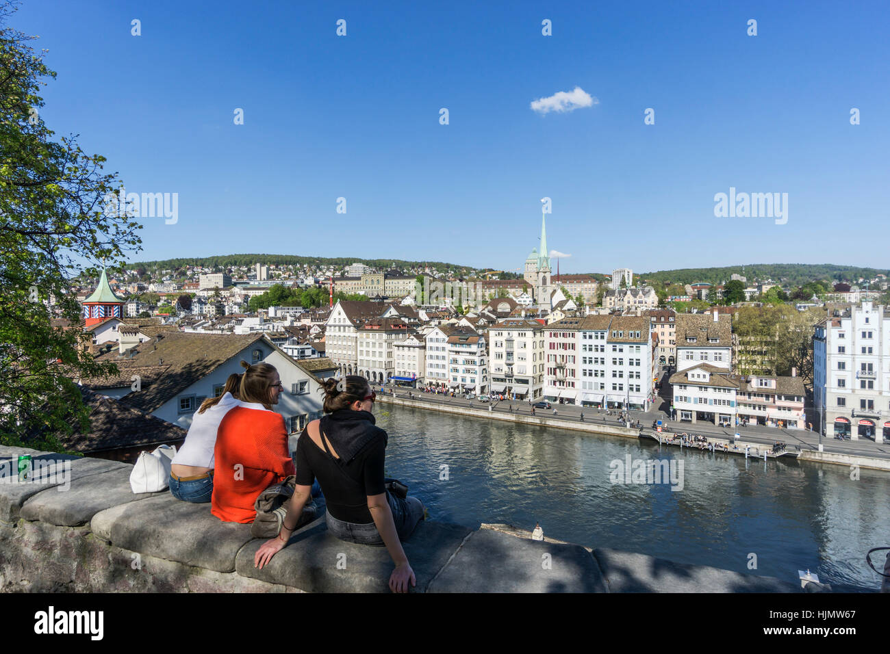 Panoramic view from Lindenhof to river Limmat, historic old city center, Cityscape, Stock Photo