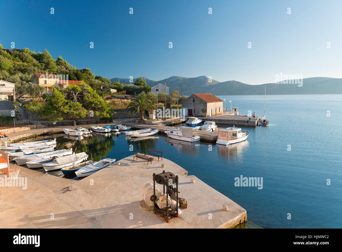 Croatia, Dalmatia, Harbour of Mala Rava with view of Dugi Otok Island Stock Photo