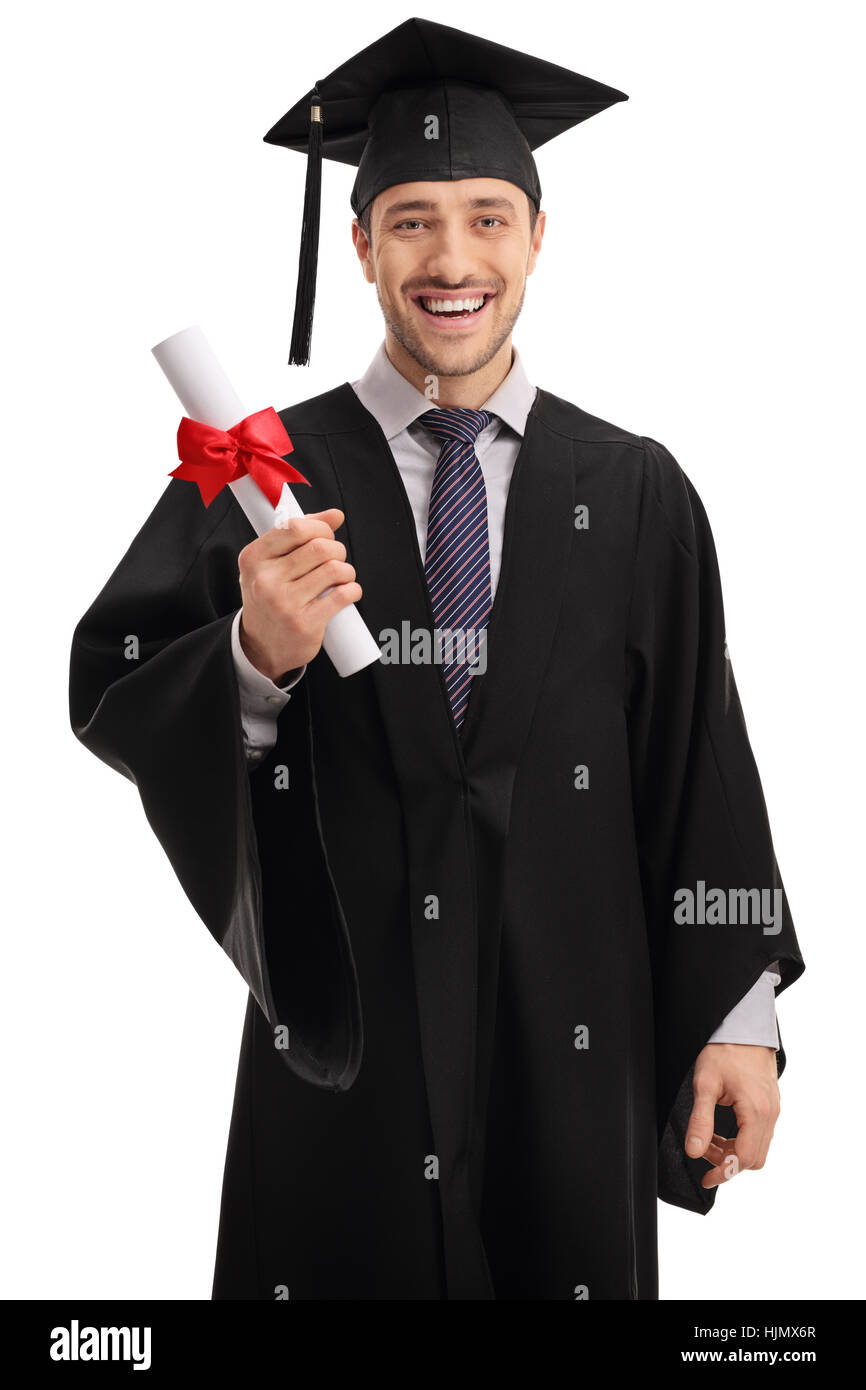 Delighted graduate student holding a diploma isolated on white ...