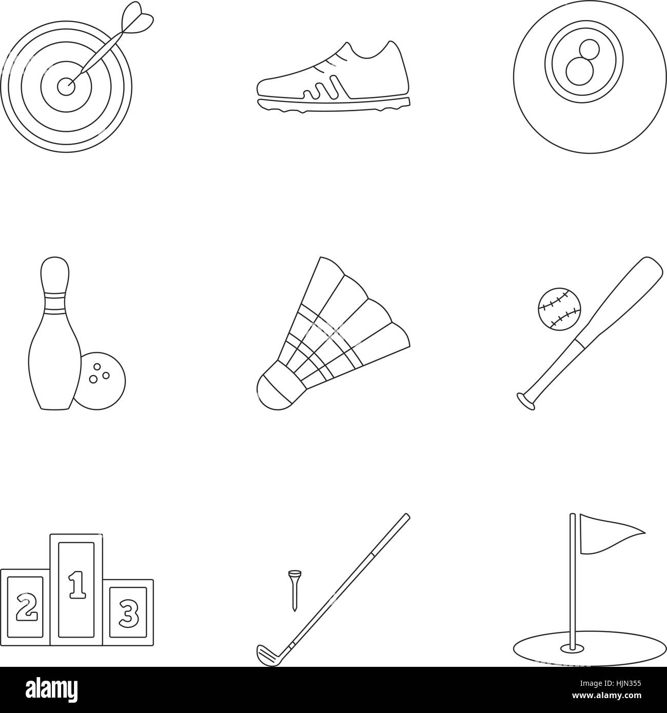 Sports equipment icons set. Outline illustration of 9 sports equipment
