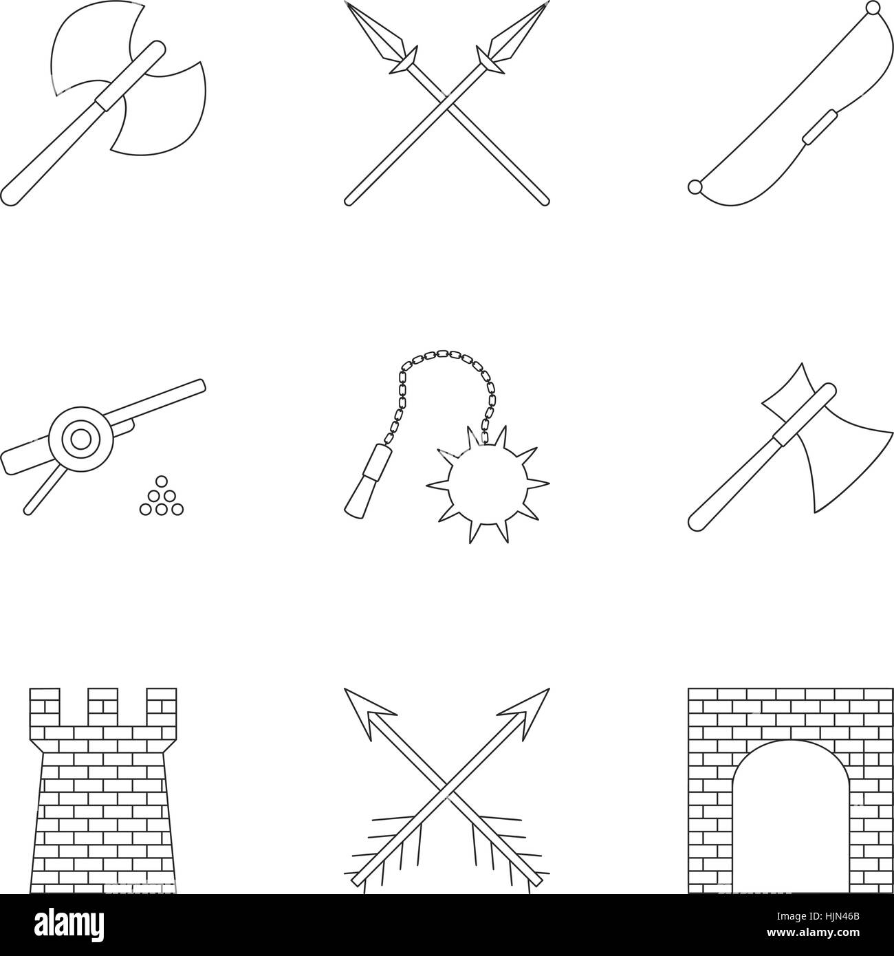 Medieval knight icons set. Outline illustration of 9 medieval knight ...