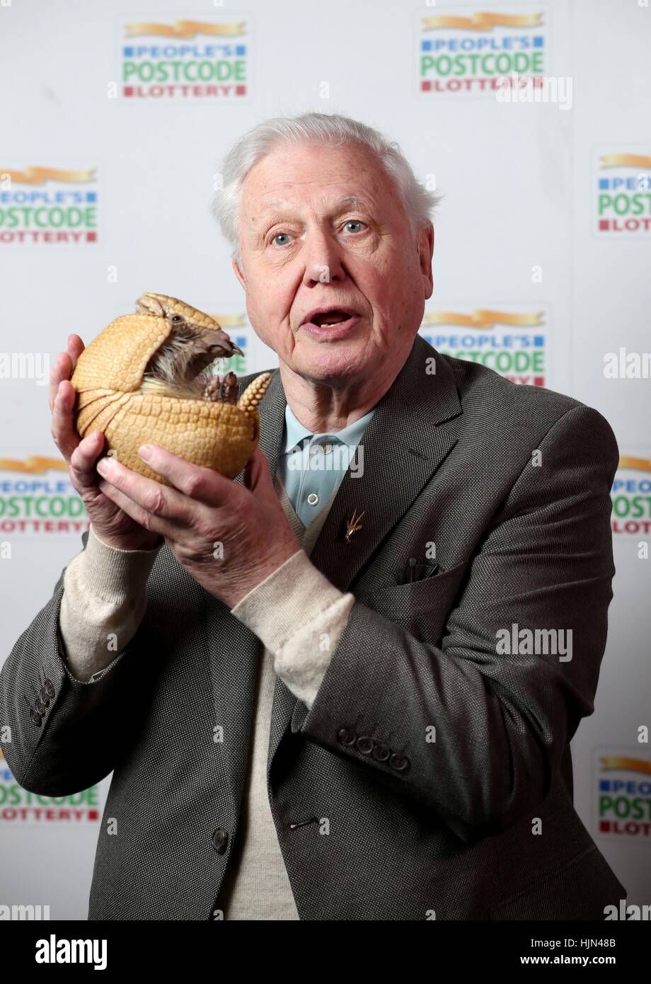 Sir David Attenborough holds 'Inti', an armadillo from Edinburgh Zoo, before receiveing a &Acirc;&pound;250,000 cheque from the People's Postcode Lottery for the charity Fauna &amp; Flora International of which he is Vice-President, at Prestonfield House, Edinburgh. Stock Photo