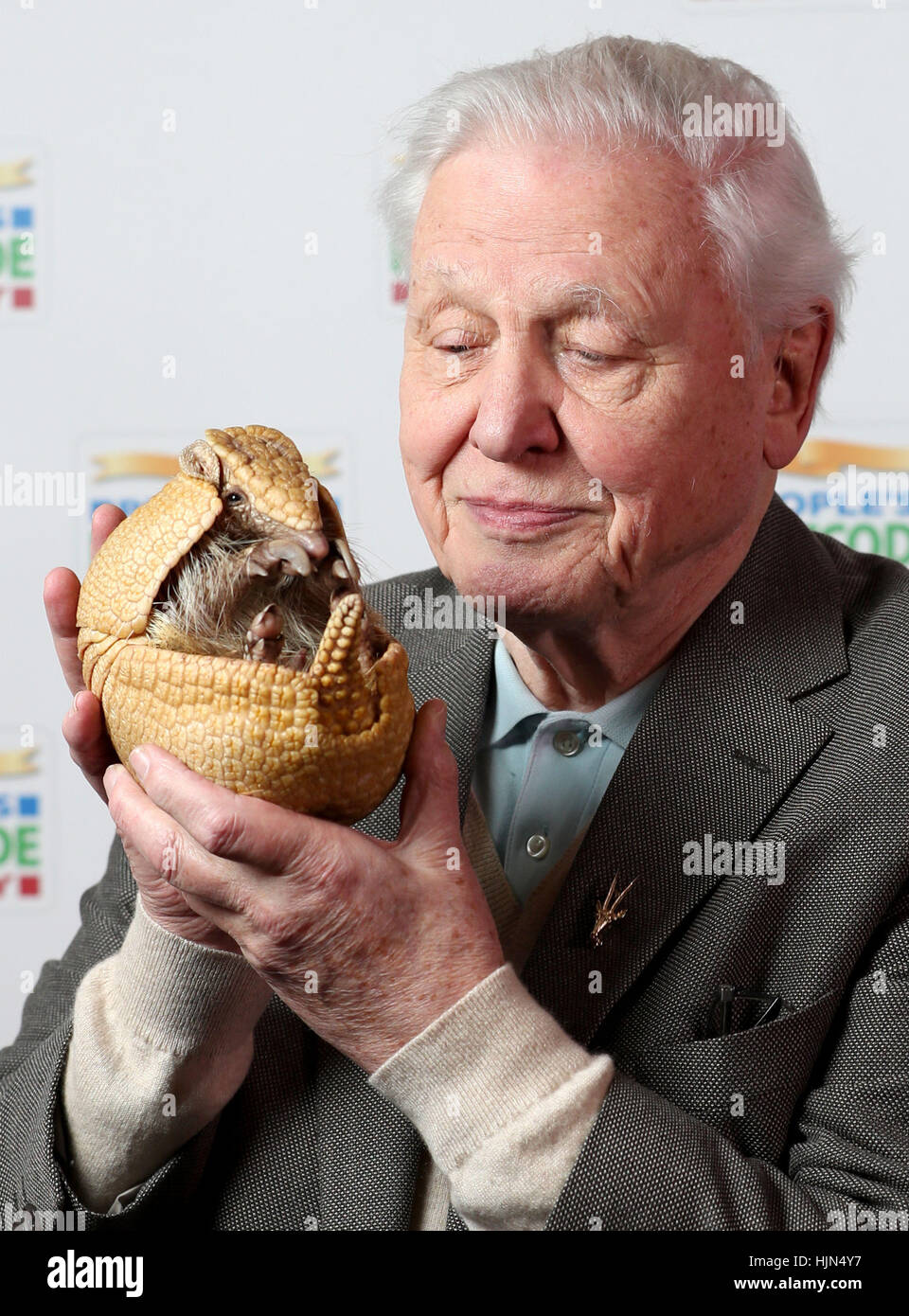Sir David Attenborough holds 'Inti', an armadillo from Edinburgh Zoo, before receiveing a &Acirc;&pound;250,000 cheque from the People's Postcode Lottery for the charity Fauna & Flora International of which he is Vice-President, at Prestonfield House, Edinburgh. Stock Photo
