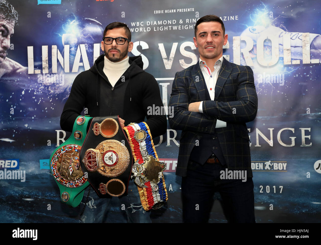 Anthony Crolla (right) and Jorge Linares during the press conference at the Radisson Blu Edwardian Hotel, Manchester. Stock Photo