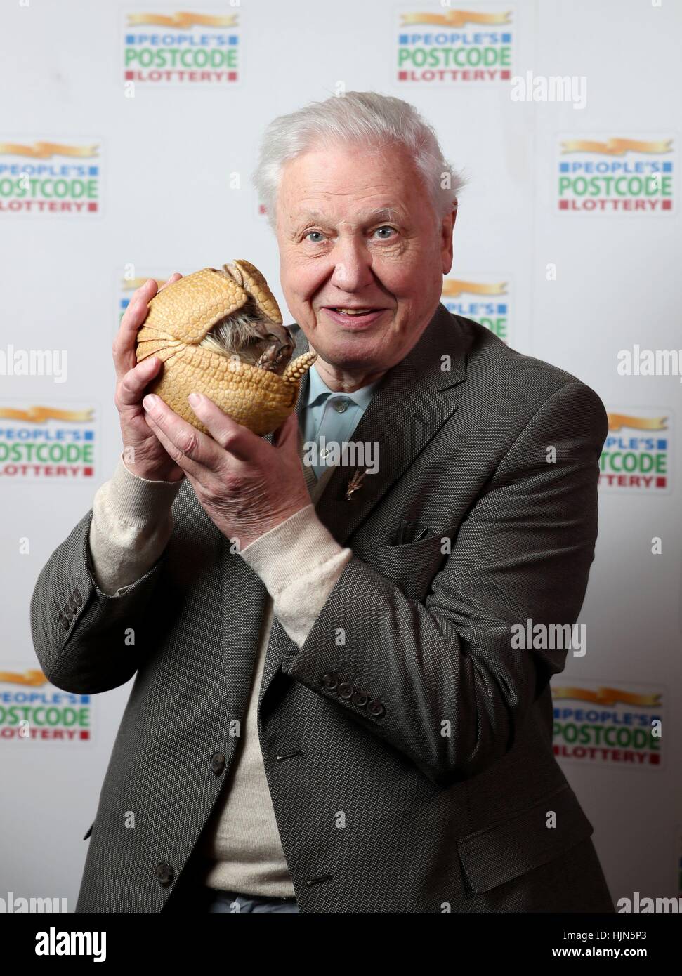 Sir David Attenborough holds 'Inti', an armadillo from Edinburgh Zoo, before receiveing a &Acirc;£250,000 cheque from the People's Postcode Lottery for the charity Fauna & Flora International of which he is Vice-President, at Prestonfield House, Edinburgh. Stock Photo