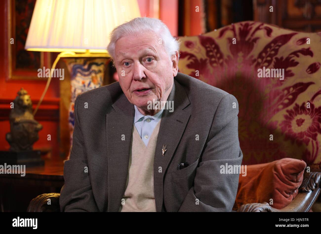 Sir David Attenborough speaks to the media at Prestonfield House, Edinburgh, before receiveing a &Acirc;£250,000 cheque from the People's Postcode Lottery for the charity Fauna & Flora International of which he is Vice-President. Stock Photo
