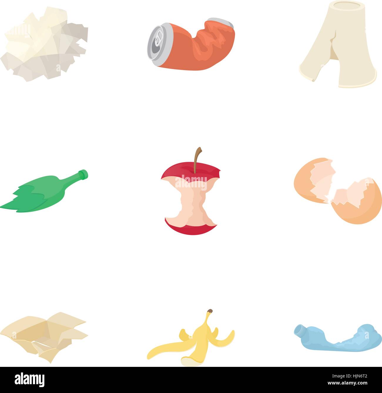Types of waste icons set. Cartoon illustration of 9 types of waste