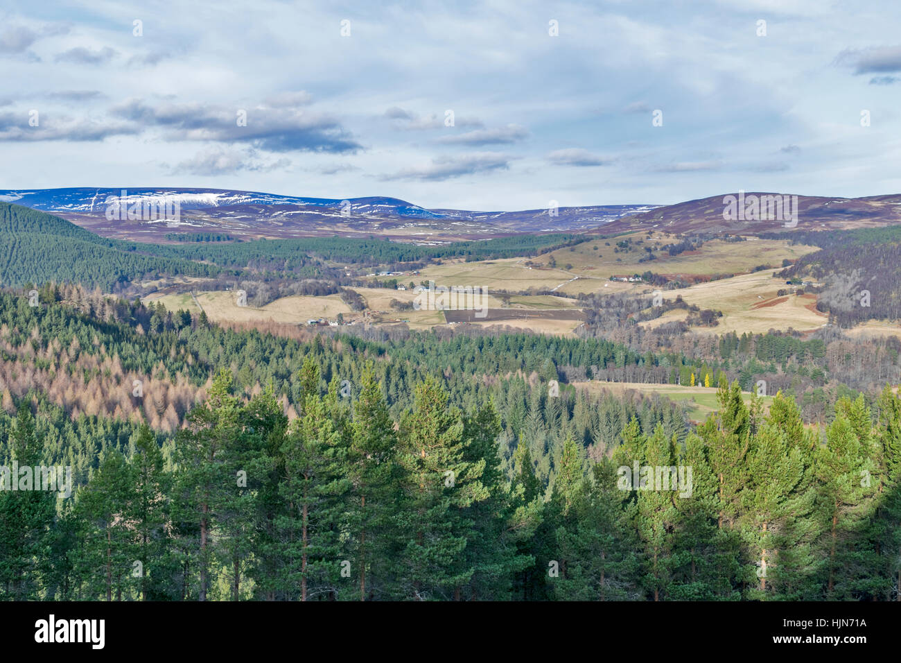 BALMORAL CAIRNS BALMORAL ESTATE CRATHIE VIEW TO FARMS AND SNOW COVERED