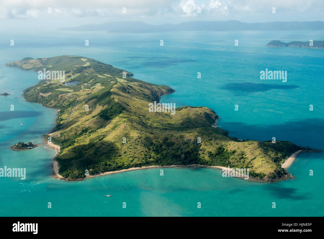 Aerial view of the South Molle in the Whitsunday Islands, taken from a light aircraft scenic flight, Queensland Australia Stock Photo