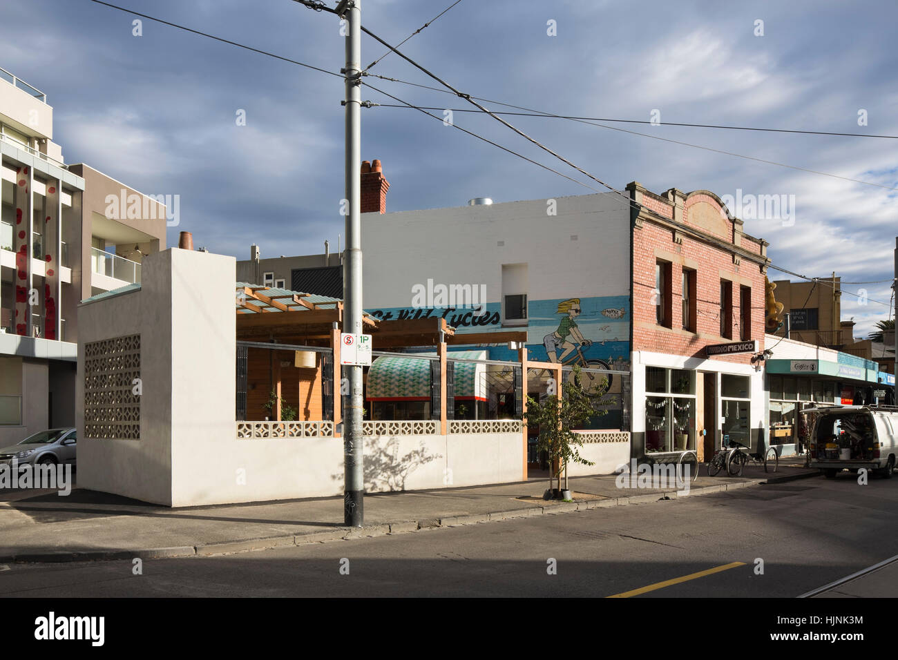 View from Carlisle street capturing the triangular corner site. Radio Mexico Taqueria, Melbourne, Australia. Architect: Grant Amon Architects, 2012. Stock Photo