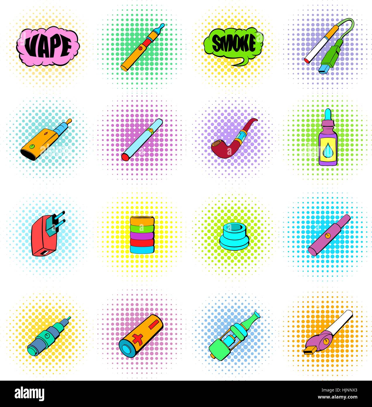 E-cigarettes icons set in comics style isolated on white Stock Vector