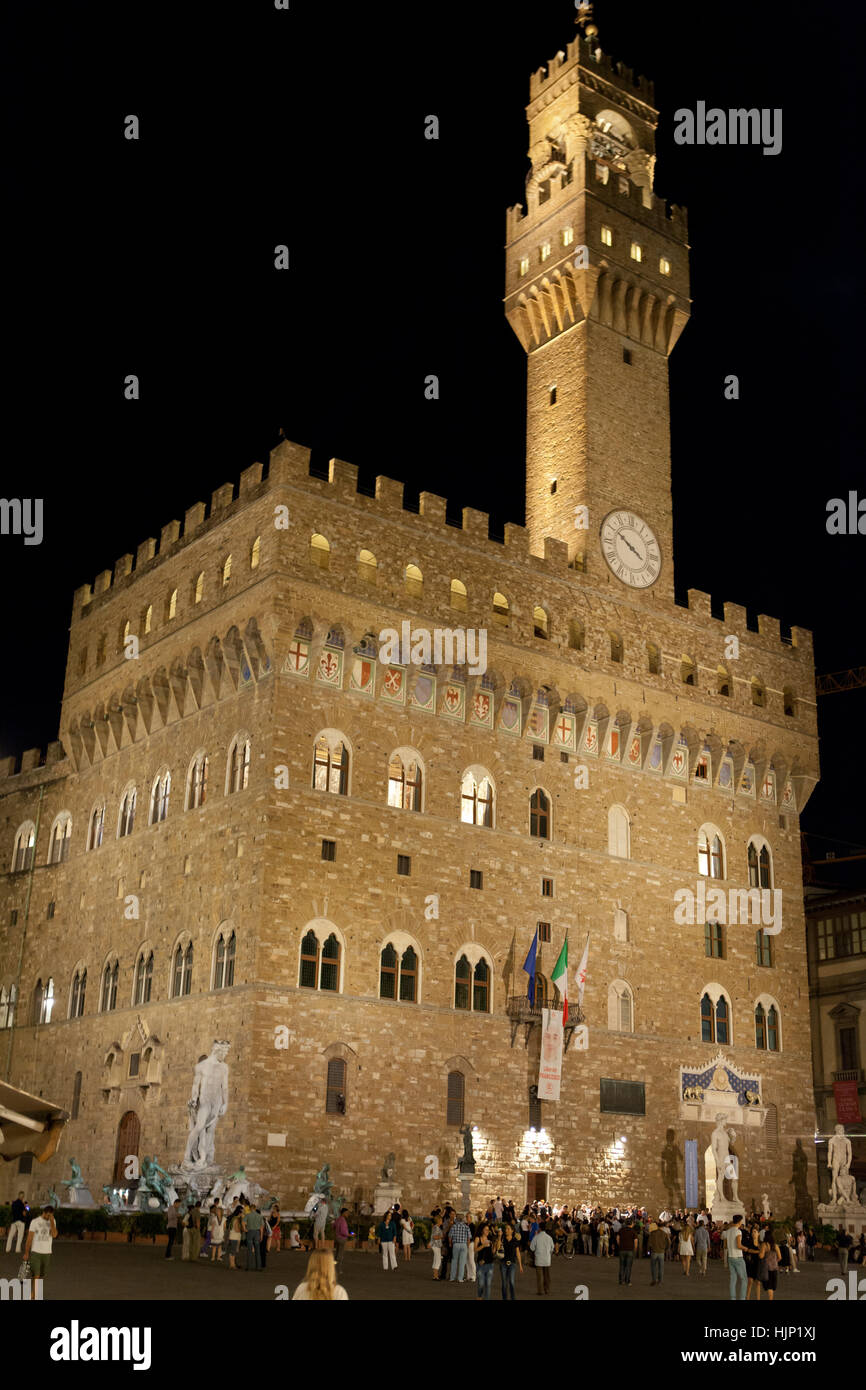 tuscany, florence, palace, piazza, tower, travel, statue, dome, night, Stock Photo