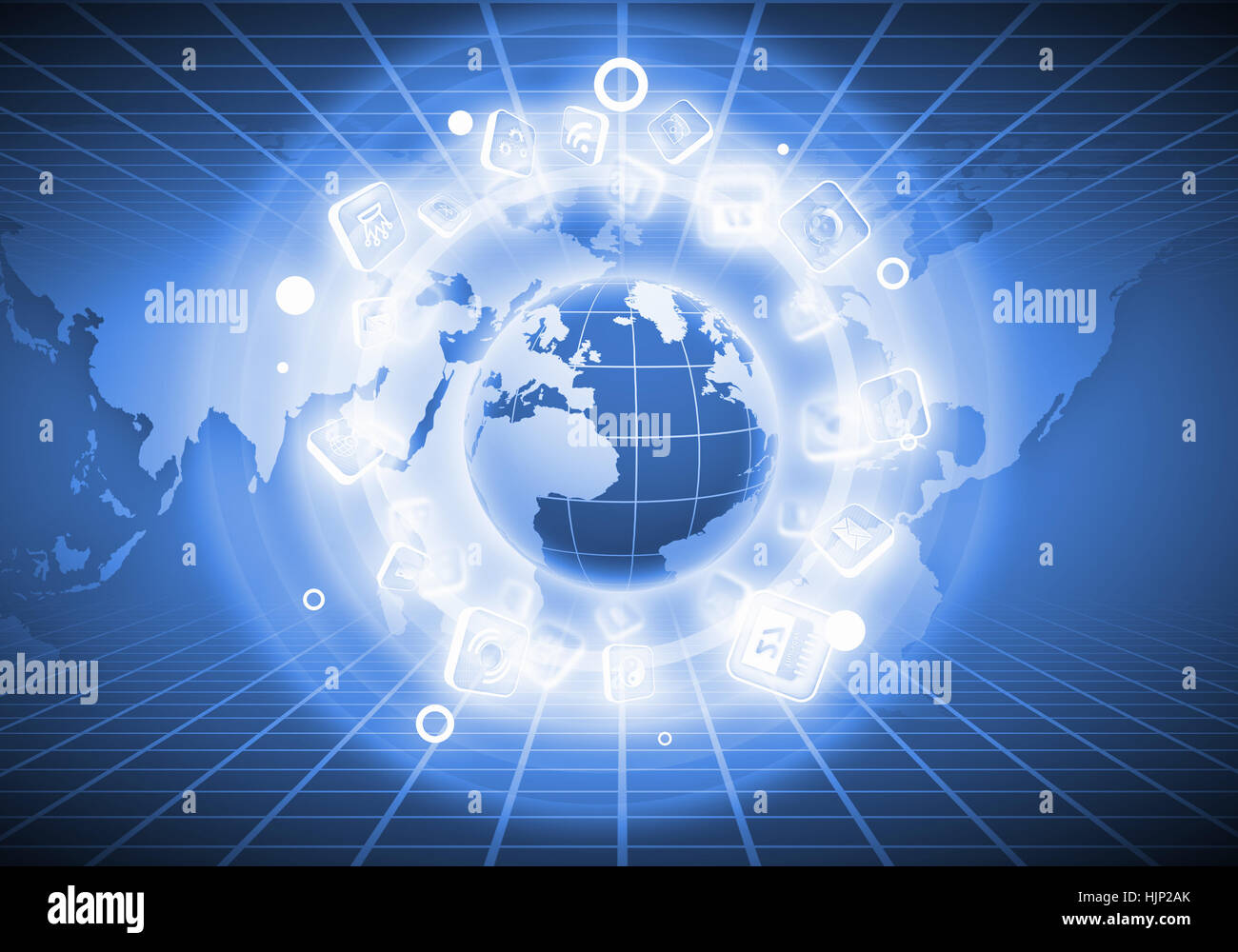 Digital image of globe with conceptual icons. Globalization concept ...
