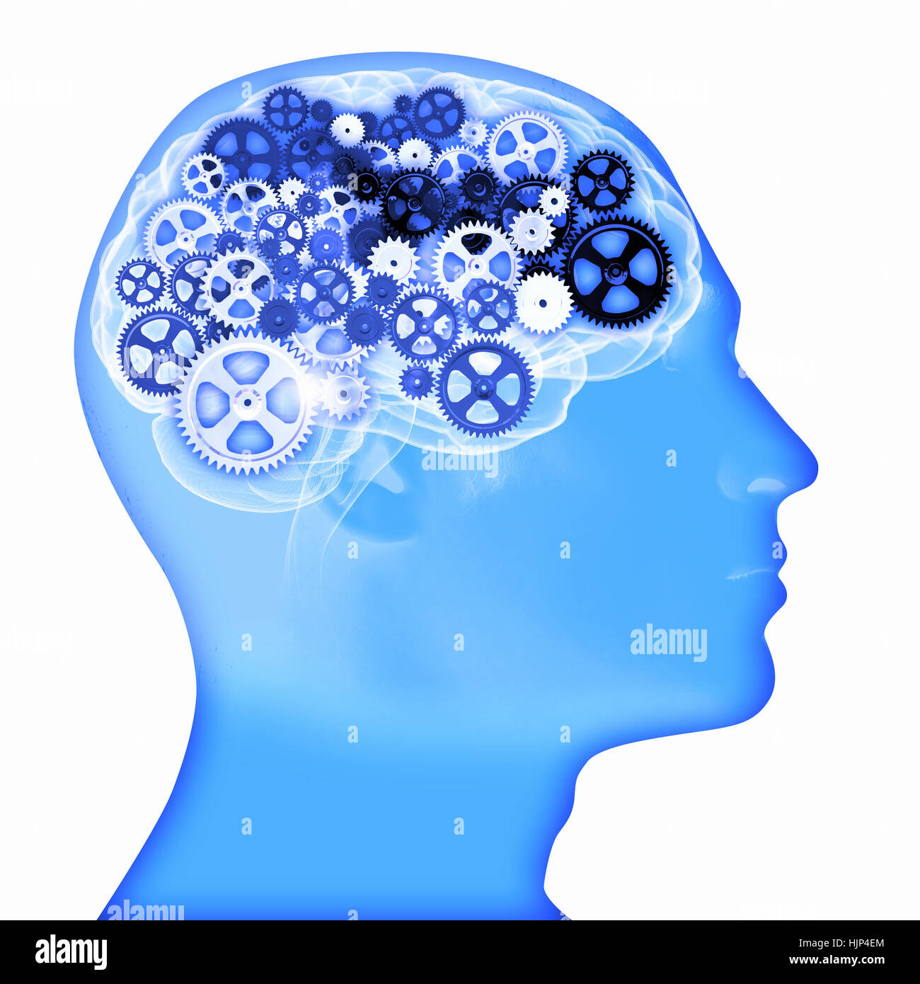 Human head silhouette with gears and cog wheel elements against white ...