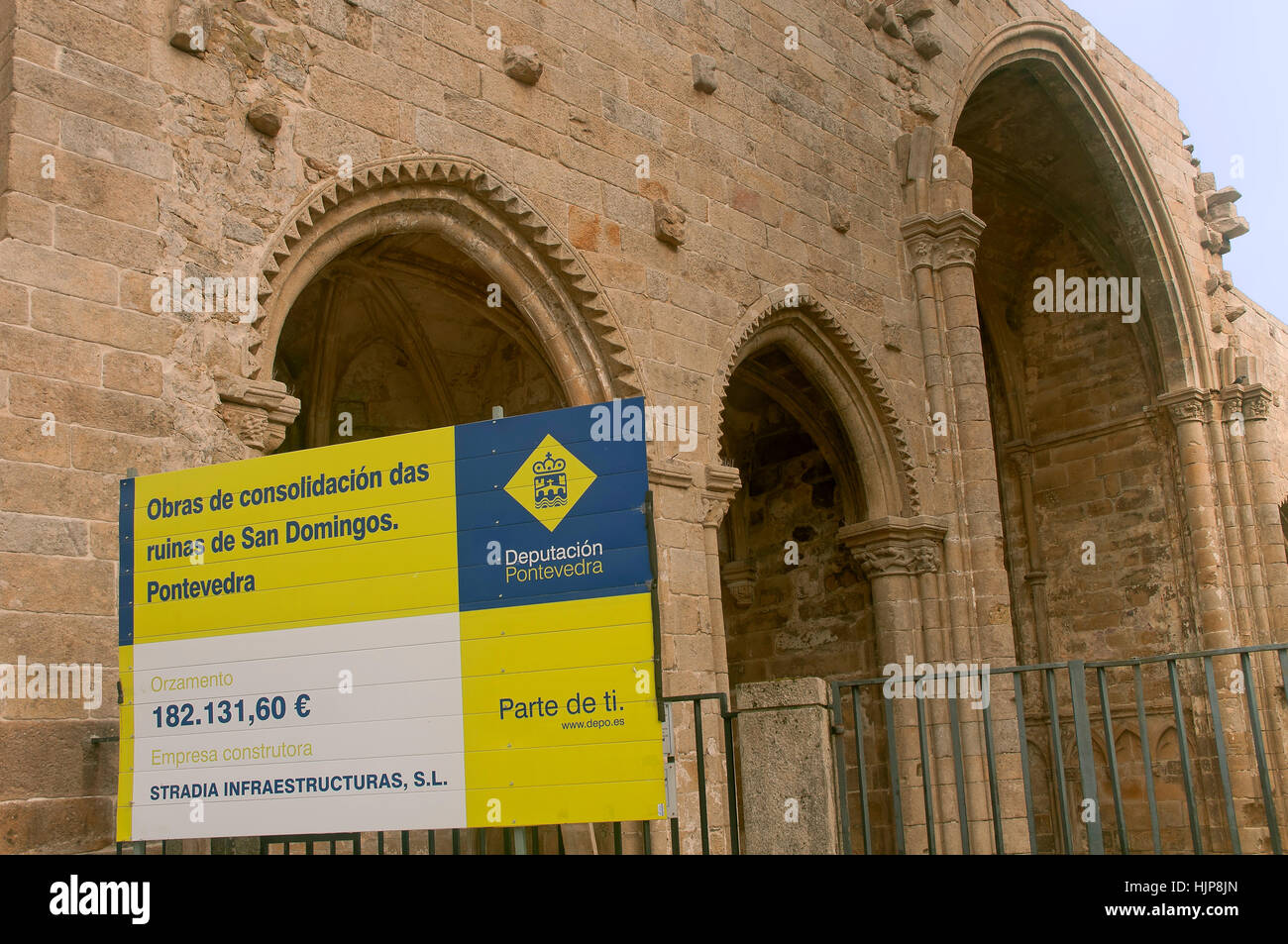 Architectural restoration and poster, Ruins of the church of Santo Domingo - 14th century, Pontevedra, Region of Galicia, Spain, Europe Stock Photo