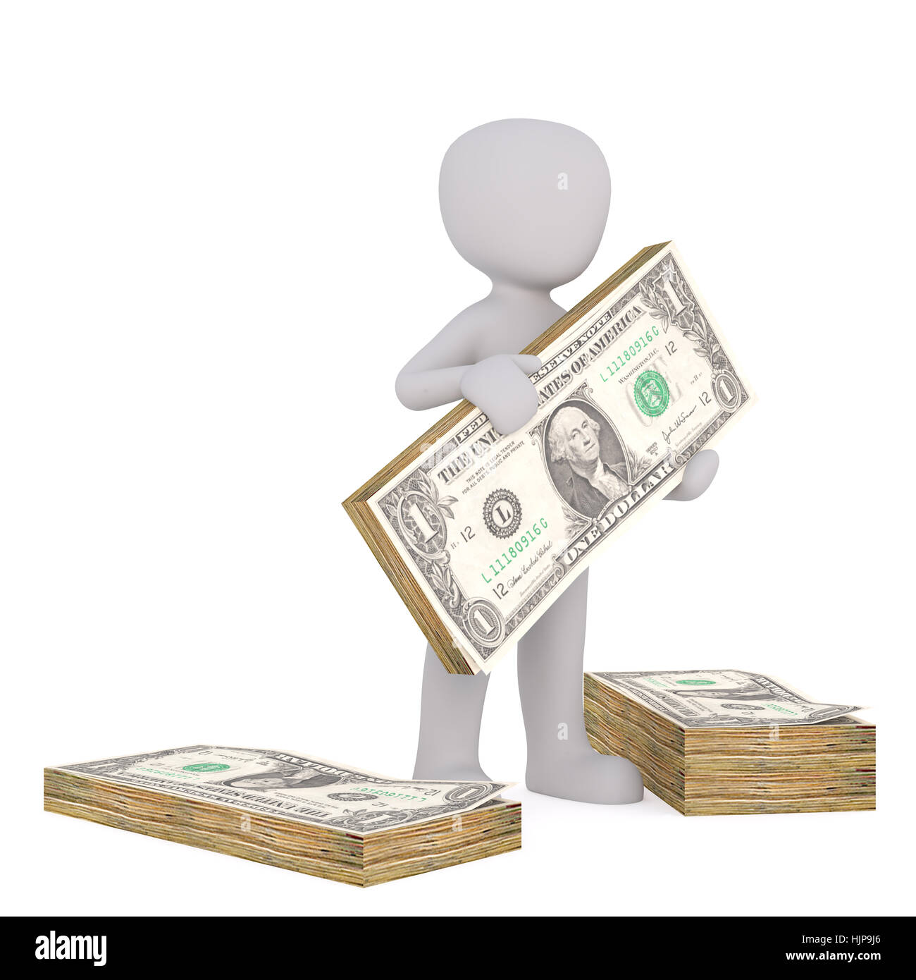 3d Figure Of Faceless Cartoon Man Holding Stack Of Dollar Bills Standing Between Cash On Floor Isolated On White Background Stock Photo Alamy