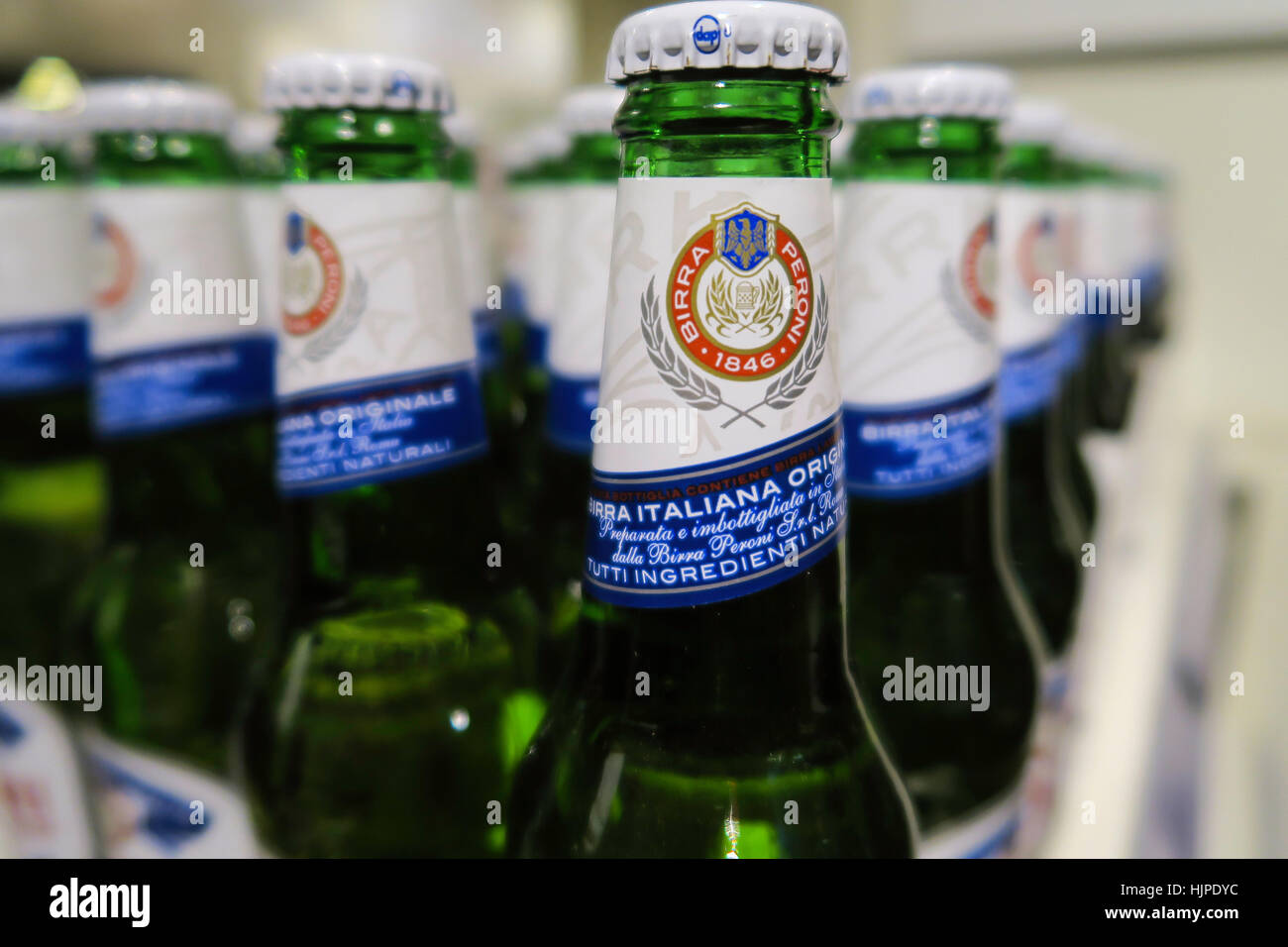 Peroni Beer Bottle Display, Eataly Italian Marketplace, NYC Stock Photo