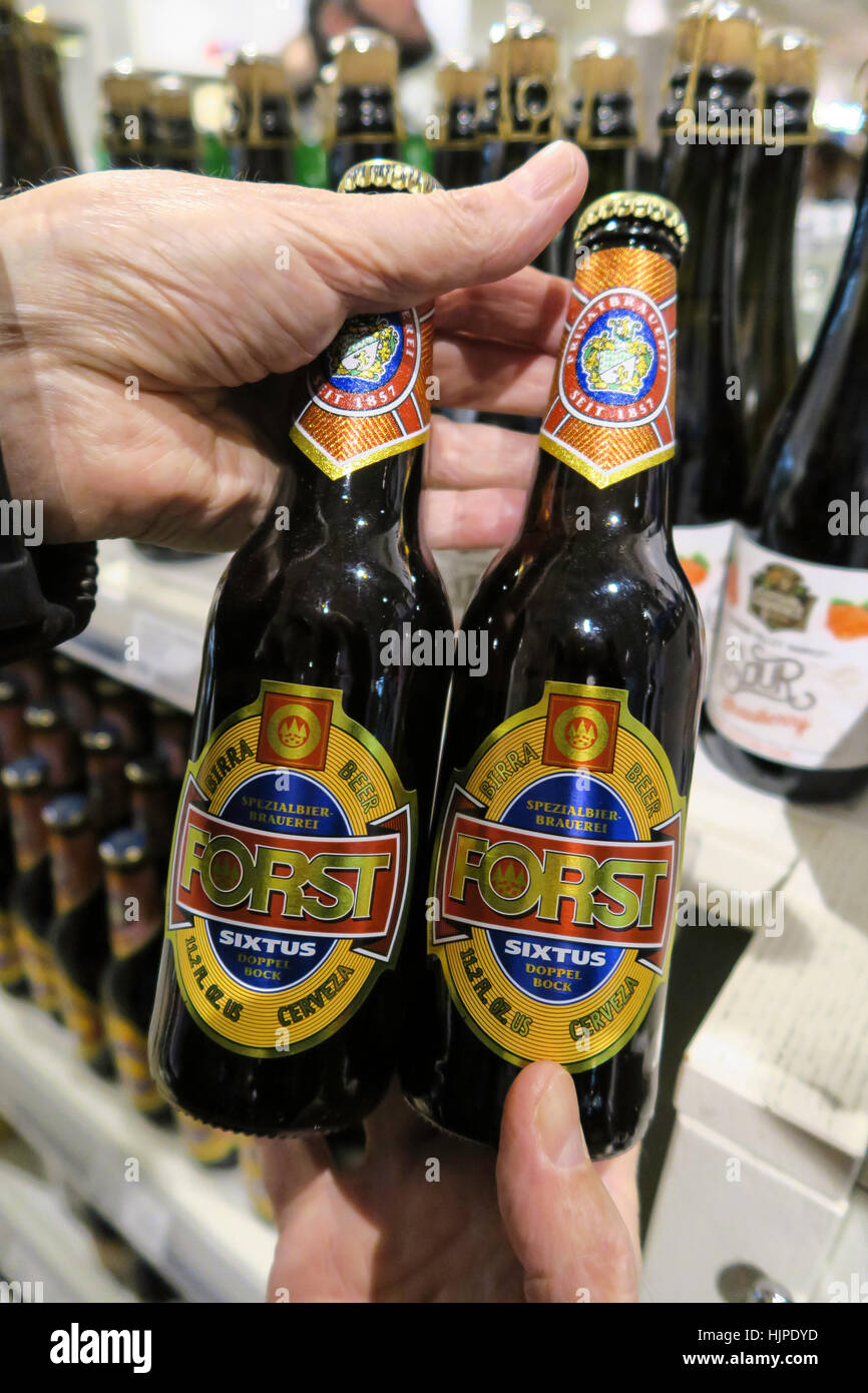 Bottles of Forst Italian beer, Eataly, NYc, USA Stock Photo