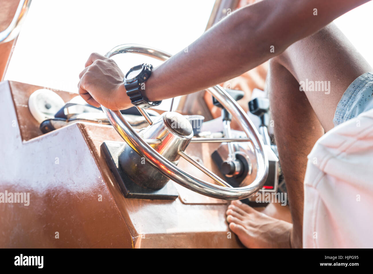 helm station on sailing boat. Wood and aluminium Stock Photo - Alamy