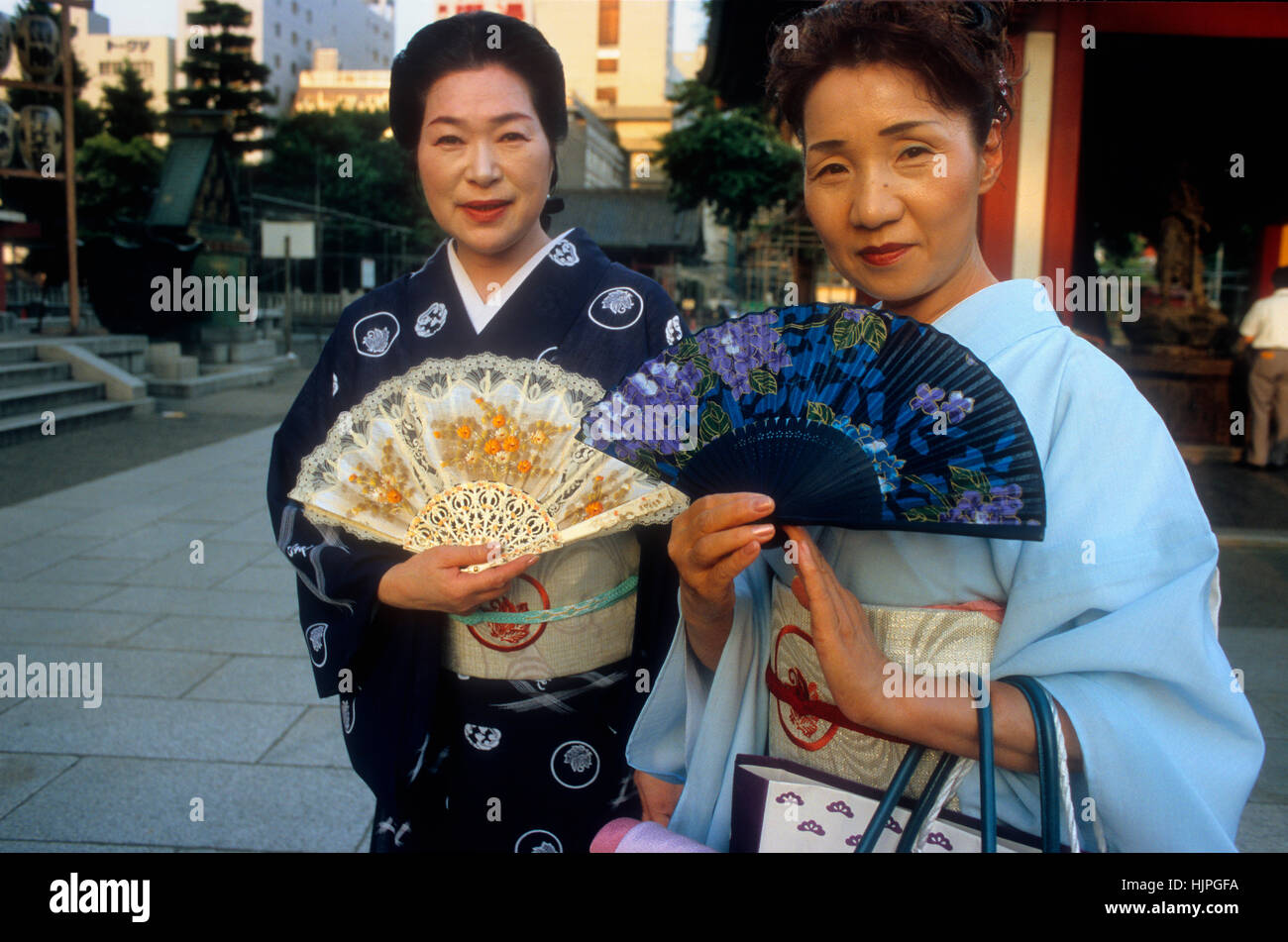 Asakusa.Senso-ji Temple.  women dressed in traditional kimono.Tokyo city, Japan, Asia Stock Photo