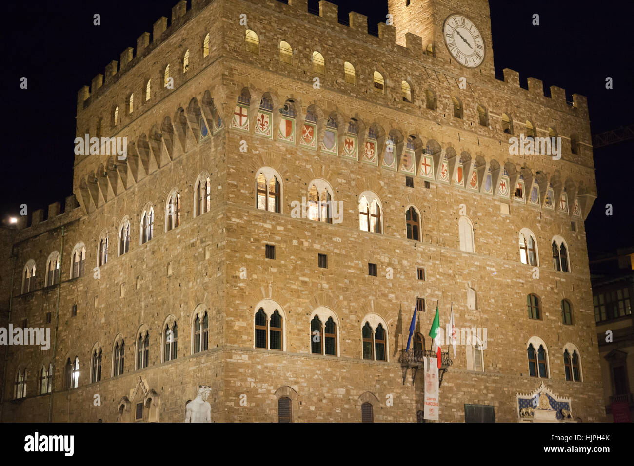 tuscany, florence, piazza, tower, travel, statue, dome, night, nighttime, Stock Photo