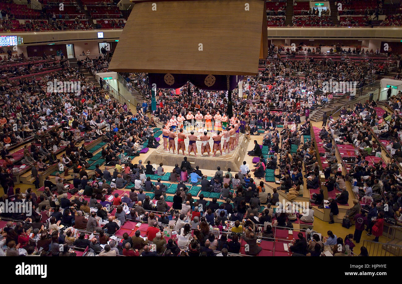 Sumo tournament in Ryogoku kokugikan stadium,Tokyo city, Japan Stock