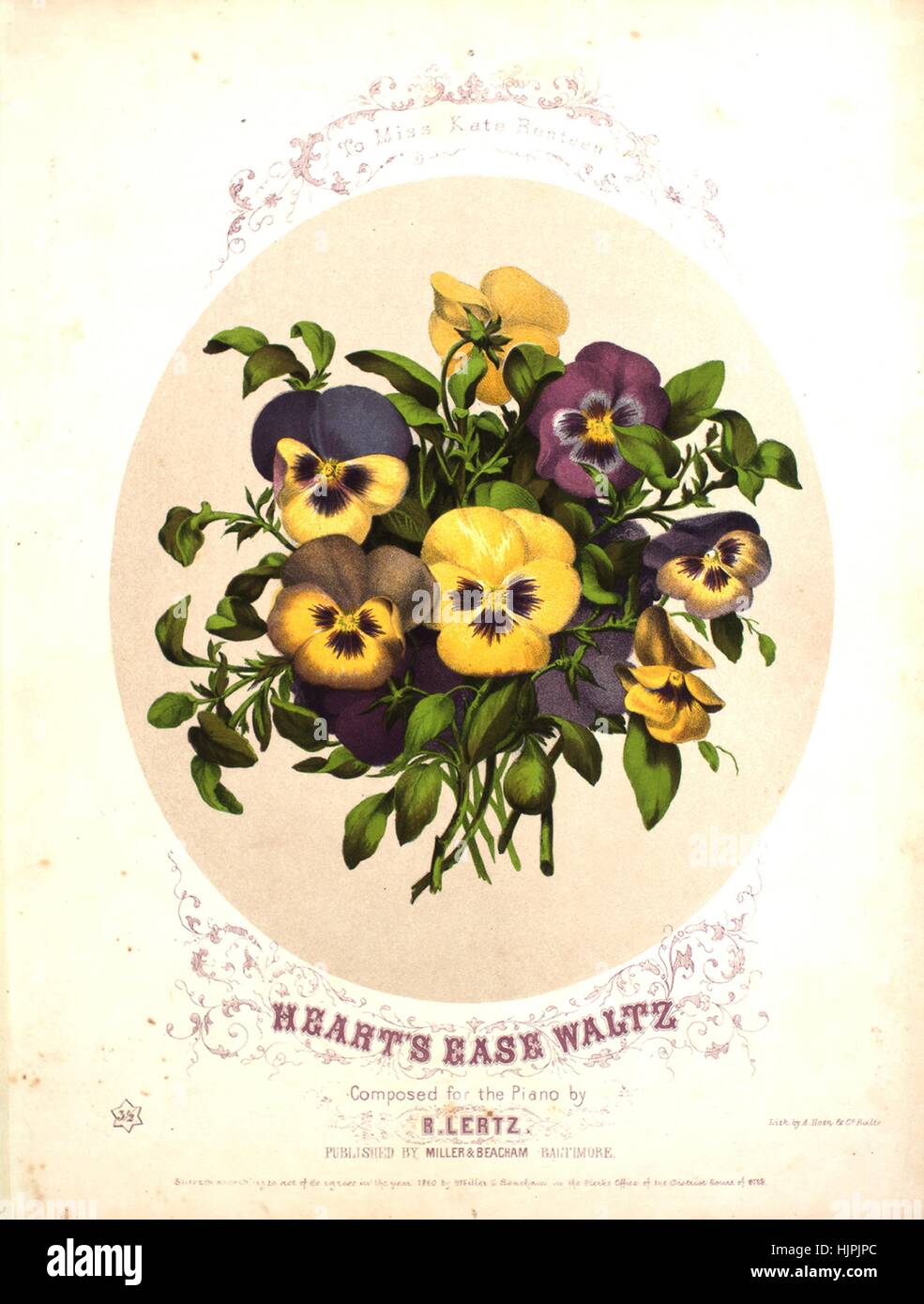 Sheet music cover image of the song 'Heart's Ease Waltz', with original authorship notes reading 'Composed for the Piano by R Lertz', United States, 1860. The publisher is listed as 'Miller and Beacham', the form of composition is 'da capo, with trio', the instrumentation is 'piano', the first line reads 'None', and the illustration artist is listed as 'Lith. by A. Hoen and Co. Balto.'. Stock Photo