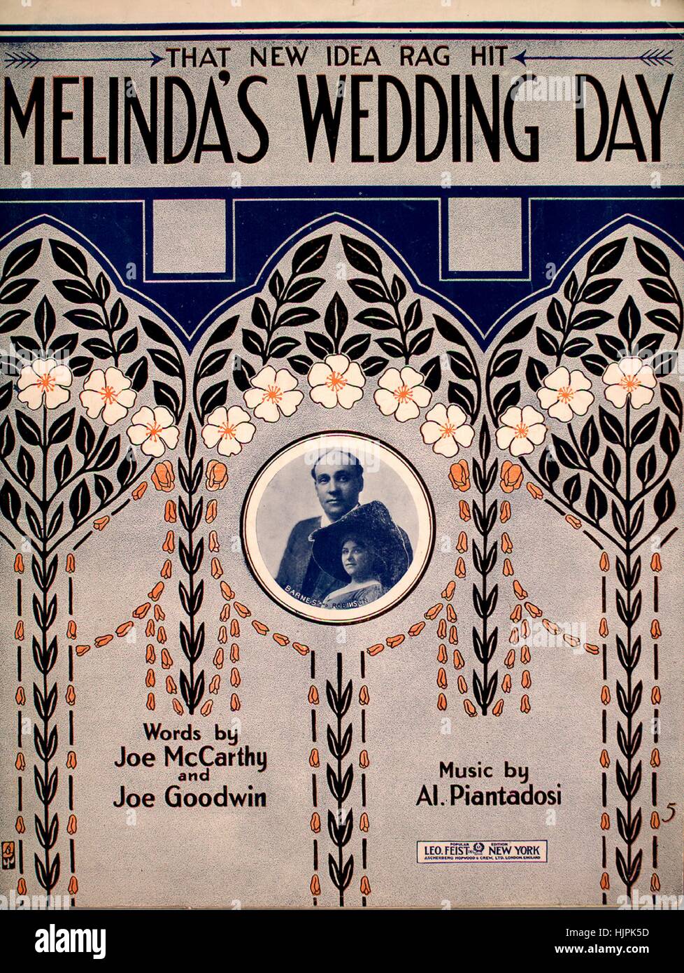 Sheet music cover image of the song 'Melinda's Wedding Day That New Idea Rag Hit', with original authorship notes reading 'Words by Joe McCarthy and Joe Goodwin Music by  Al Piantadosi', United States, 1913. The publisher is listed as 'Leo Feist, Inc.', the form of composition is 'strophic with chorus', the instrumentation is 'piano and voice', the first line reads 'It's a holiday, ev'rything is gay', and the illustration artist is listed as 'unattrib. photo of Barnes and Robinson; [Edgar Keller?]; Teller, Sons and Dorner, New York'. Stock Photo