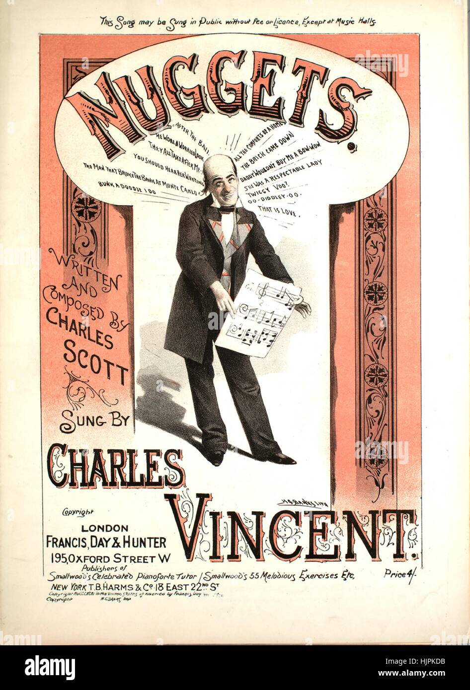 Sheet music cover image of the song 'Nuggets [Medley of popular nineteenth-century tunes]', with original authorship notes reading 'Written and Composed By Charles Scott', United Kingdom, 1893. The publisher is listed as 'Francis, Day and Hunter, 195 Oxford Street W.', the form of composition is 'sectional', the instrumentation is 'piano and voice', the first line reads 'Now, I'll sing a little ditty, with a beautiful refrain', and the illustration artist is listed as 'H.G. Banks Lith.; Henderson and Spalding, Printers, London, W.'. Stock Photo