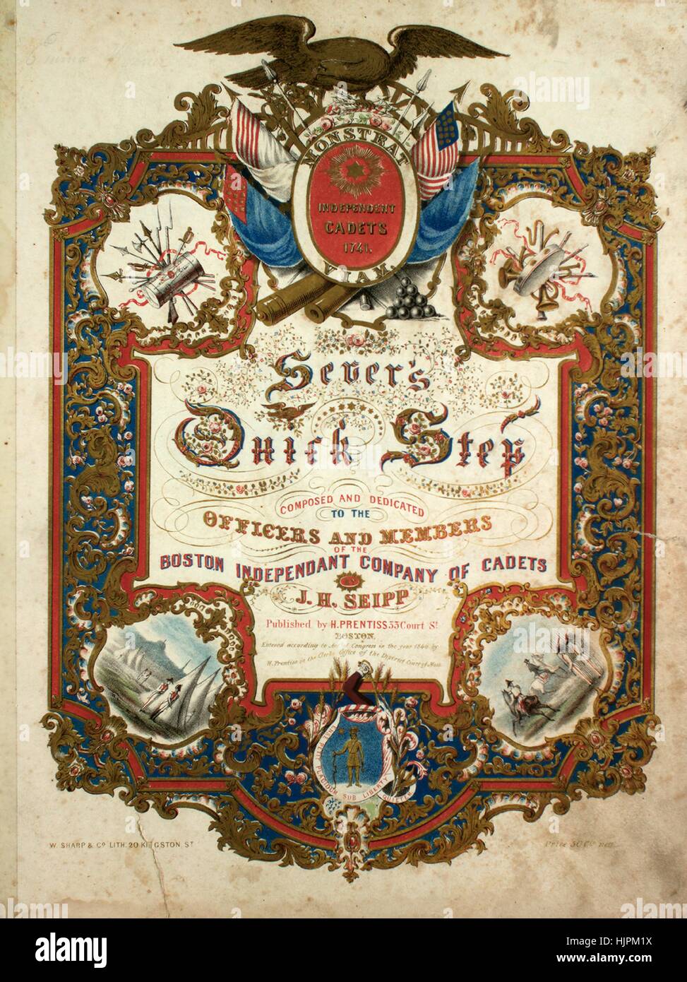 Sheet music cover image of the song 'Sever's Quick Step', with original authorship notes reading 'Composed by JH Seipp', United States, 1846. The publisher is listed as 'H. Prentiss, 33 Court St.', the form of composition is 'sectional', the instrumentation is 'piano', the first line reads 'None', and the illustration artist is listed as 'W. Sharp and Co. Lith. 20 Kingston St.; J. Blake, Engr.'. Stock Photo