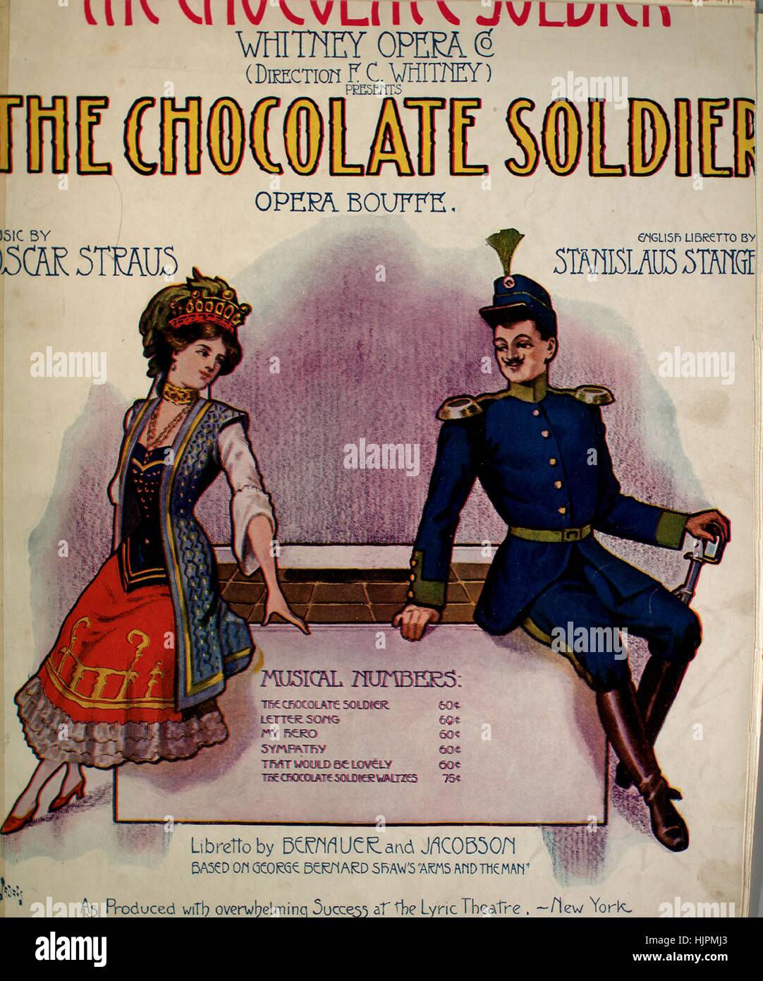 Sheet music cover image of the song 'The Chocolate Soldier Duet', with original authorship notes reading 'Music by Oscar Straus', United States, 1908. The publisher is listed as 'Jerome H. Remick and Co.', the form of composition is 'sectional', the instrumentation is 'piano and voice', the first line reads 'To tell the truth, I never knew there were heroes such as you', and the illustration artist is listed as 'DeTakals'. Stock Photo