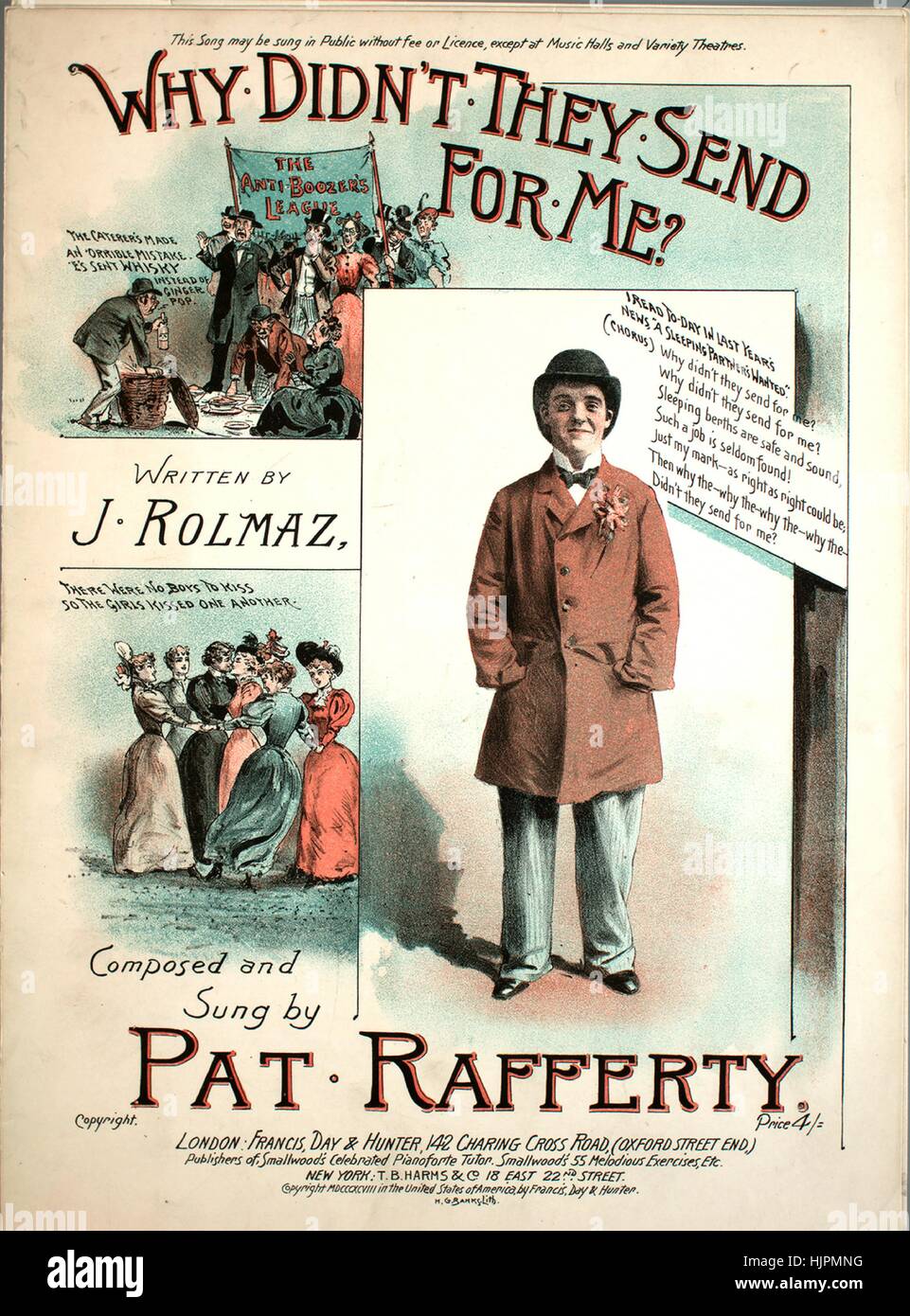 Sheet music cover image of the song 'Why Didn't They Send For Me?', with original authorship notes reading 'Written by J Rolmaz Composed by Pat Rafferty', United Kingdom, 1898. The publisher is listed as 'Francis, Day and Hunter, 142 Charing Cross Road (Oxford Street End)', the form of composition is 'strophic with chorus', the instrumentation is 'piano and voice', the first line reads 'I'm a 'noble son of rest,' although we're not admired', and the illustration artist is listed as 'H.G. Banks, Lith.; Henderson and Spalding Printers, London W.'. Stock Photo