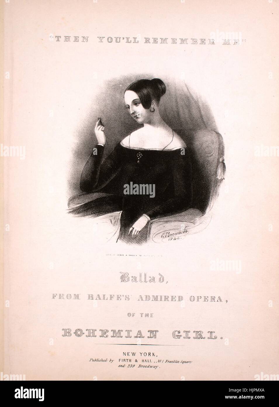 Sheet music cover image of the song 'Then You'll Remember Me Ballad, From Balfe's Admired Opera of the Bohemian Girl', with original authorship notes reading '[Balfe]', United States, 1900. The publisher is listed as 'Firth and Hall, No. 1 Franklin Square', the form of composition is 'strophic', the instrumentation is 'piano and voice', the first line reads 'When other lips and other hearts their tales of love shall tell', and the illustration artist is listed as 'Lith. of Lewis and Brown 37 John St. N.Y.; E. Brown Jr. 1844'. Stock Photo