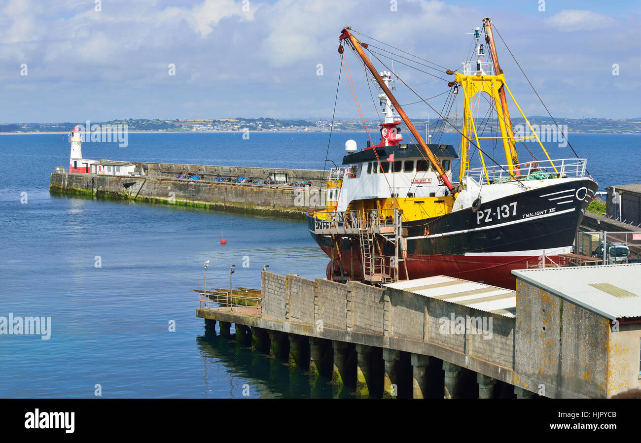 Fishing boat on the slipway in Newlyn, Penzance harbour. Cornwall's  famous fishing port Stock Photo