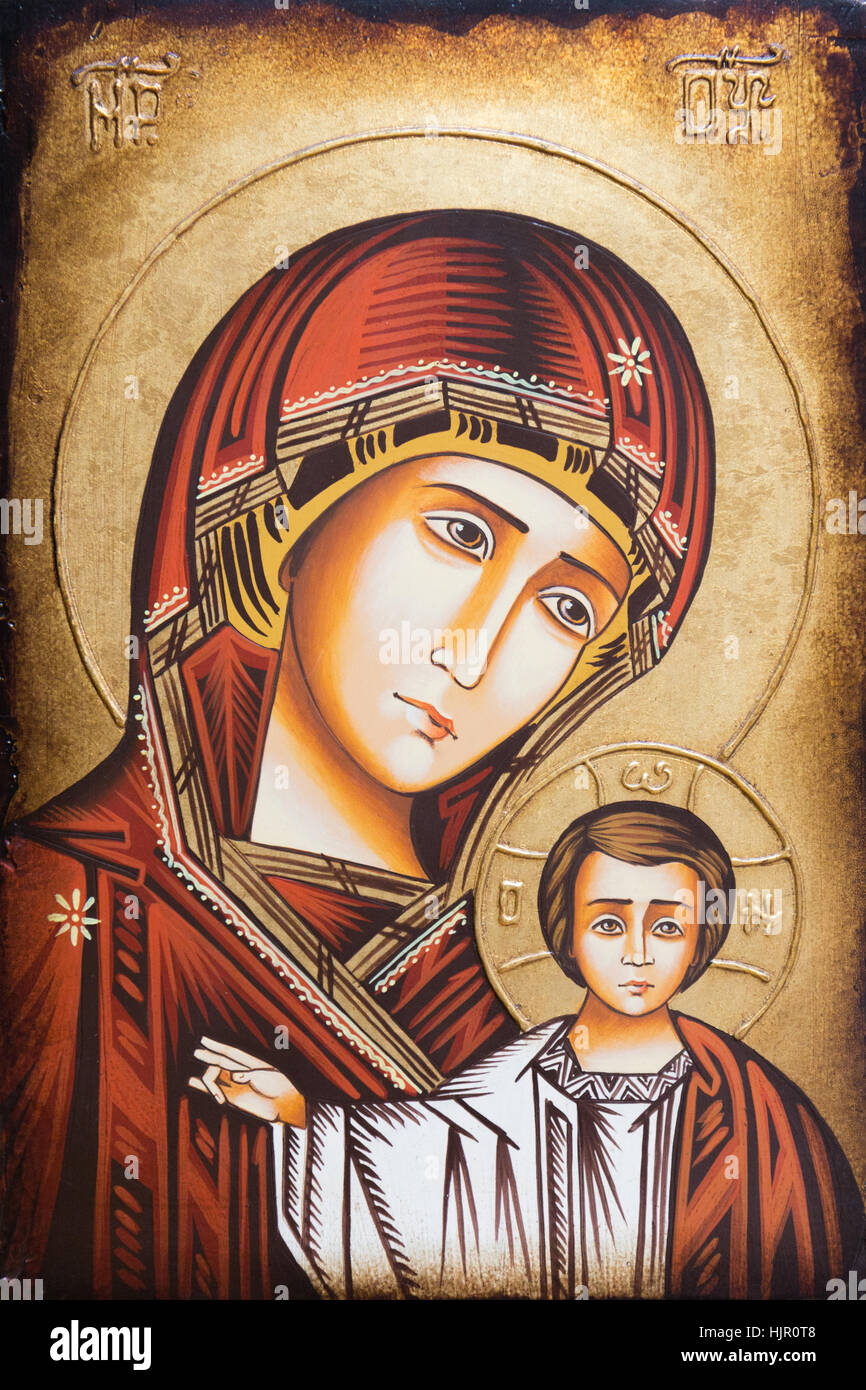 Byzantine icon of the Mother of God with Her Son Jesus blessing with His hand. Stock Photo
