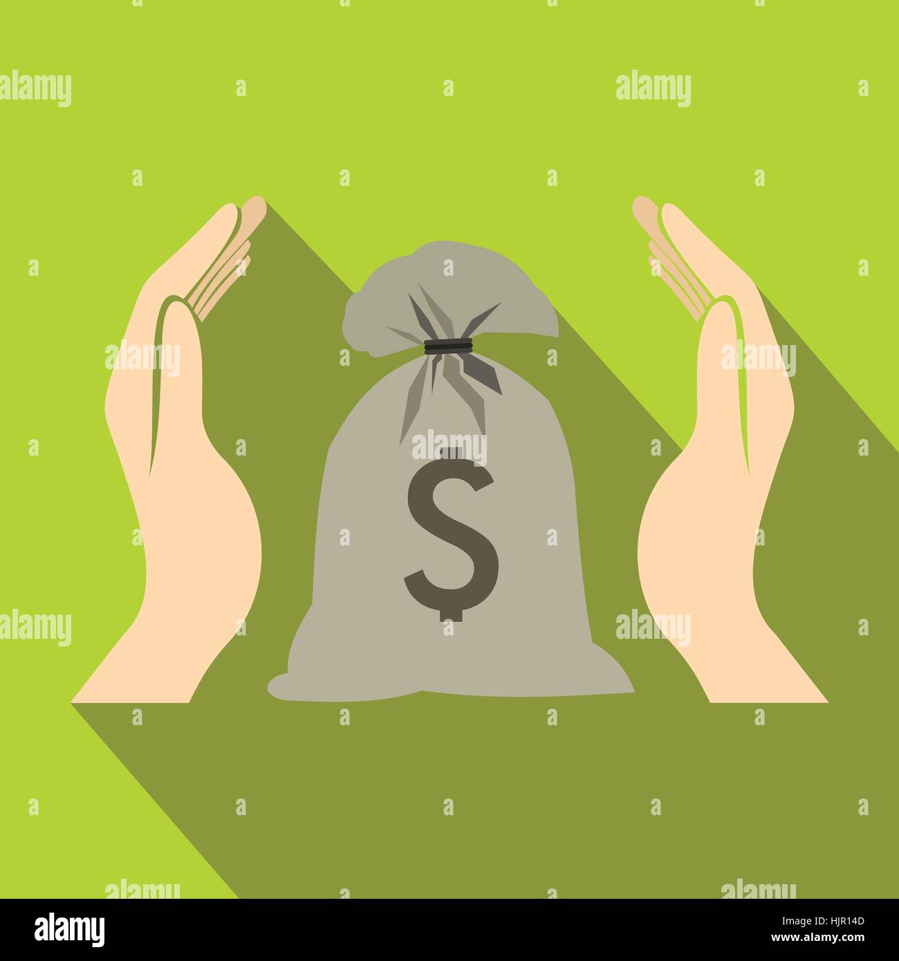 Hands protecting dollar money bag icon in flat style on a green ...