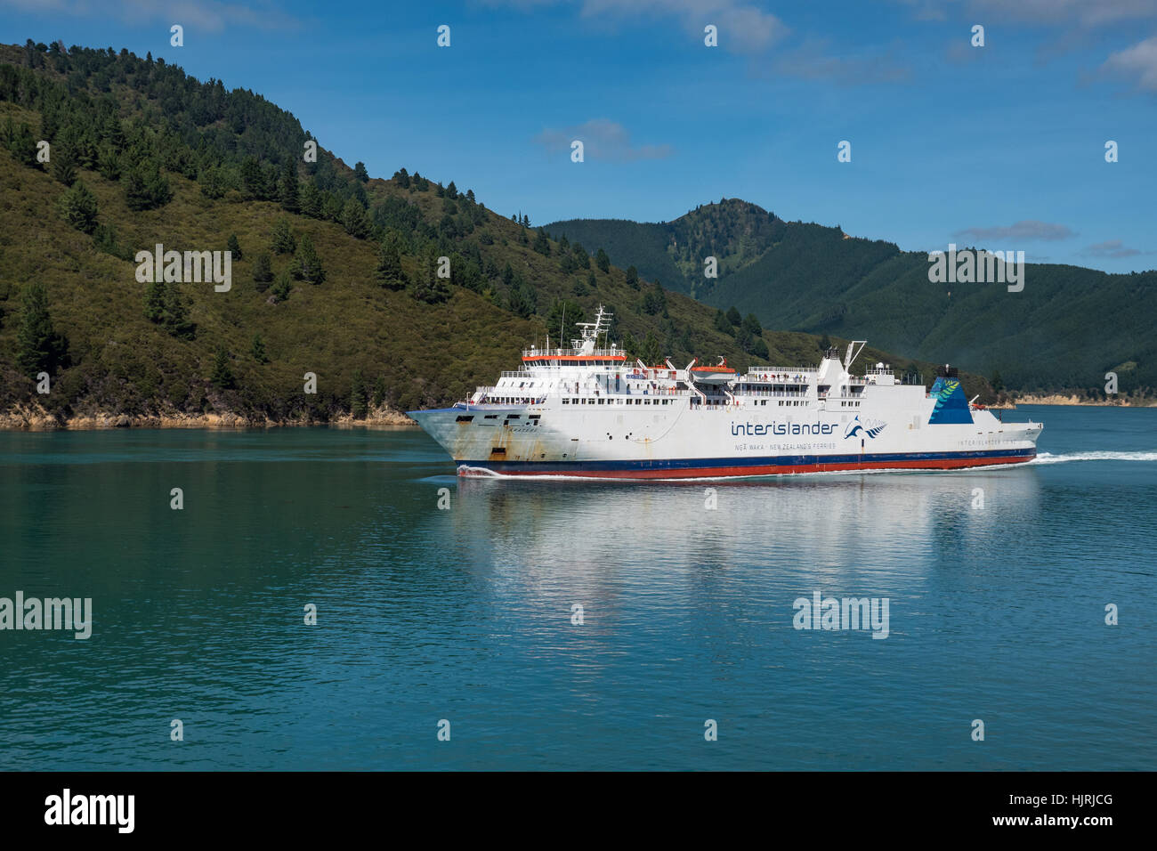 Interislander ferry travels towards Wellington from Picton across the Queen Charlotte Sound and