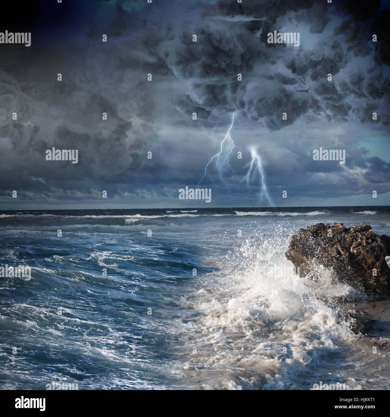 Image of dark night with lightning above stormy sea Stock Photo - Alamy