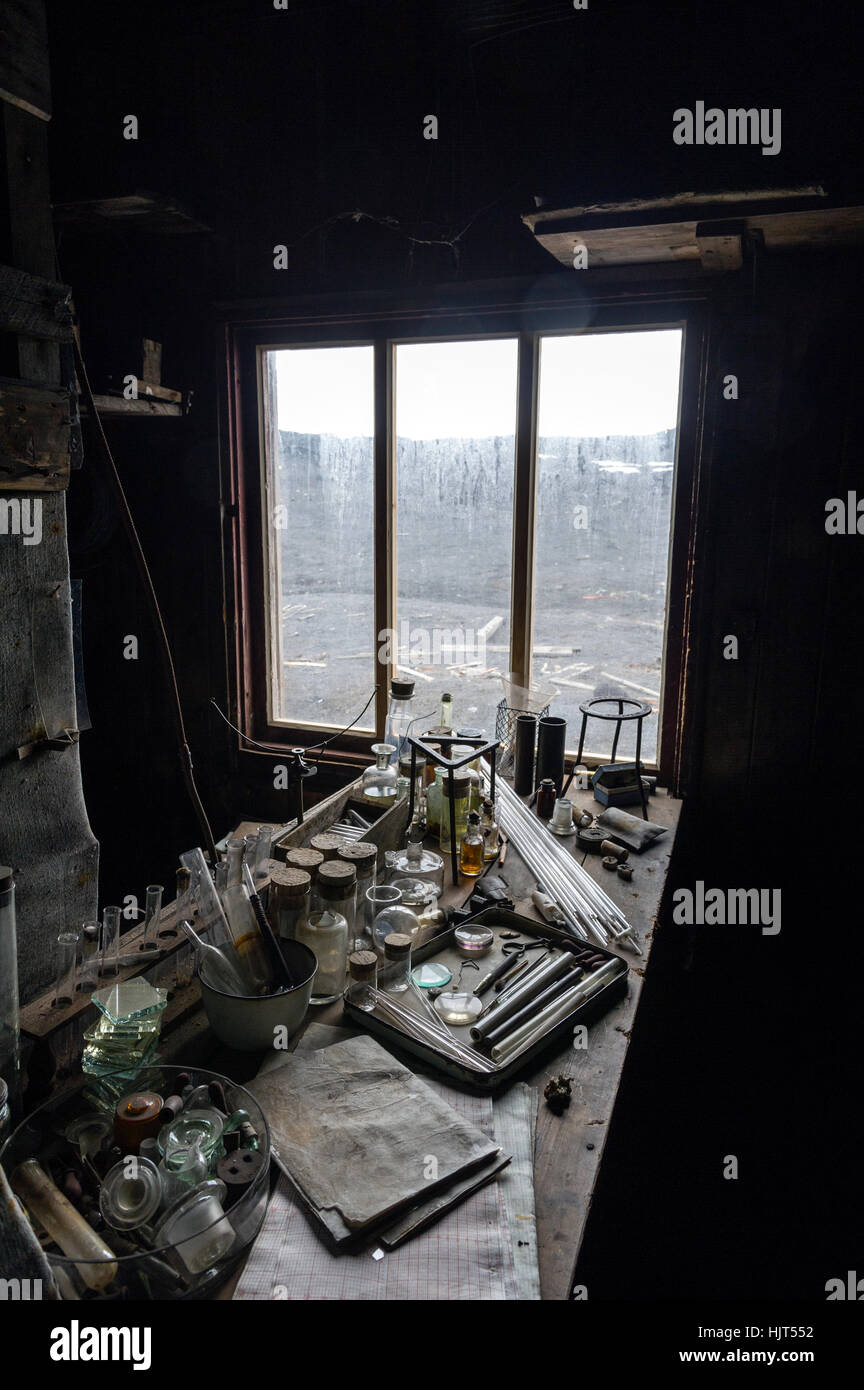 Glass pipettes, beakers and other scientific experiment equipment in the hut of Antarctic explorer Robert Falcon Scott. Stock Photo