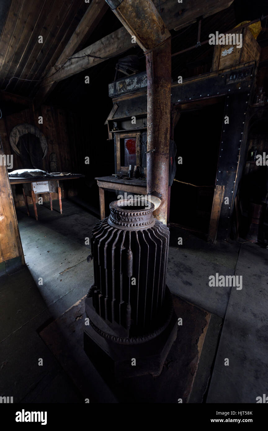 A cast-iron stove in the hut of Antarctic explorer Robert Falcon Scott. Stock Photo