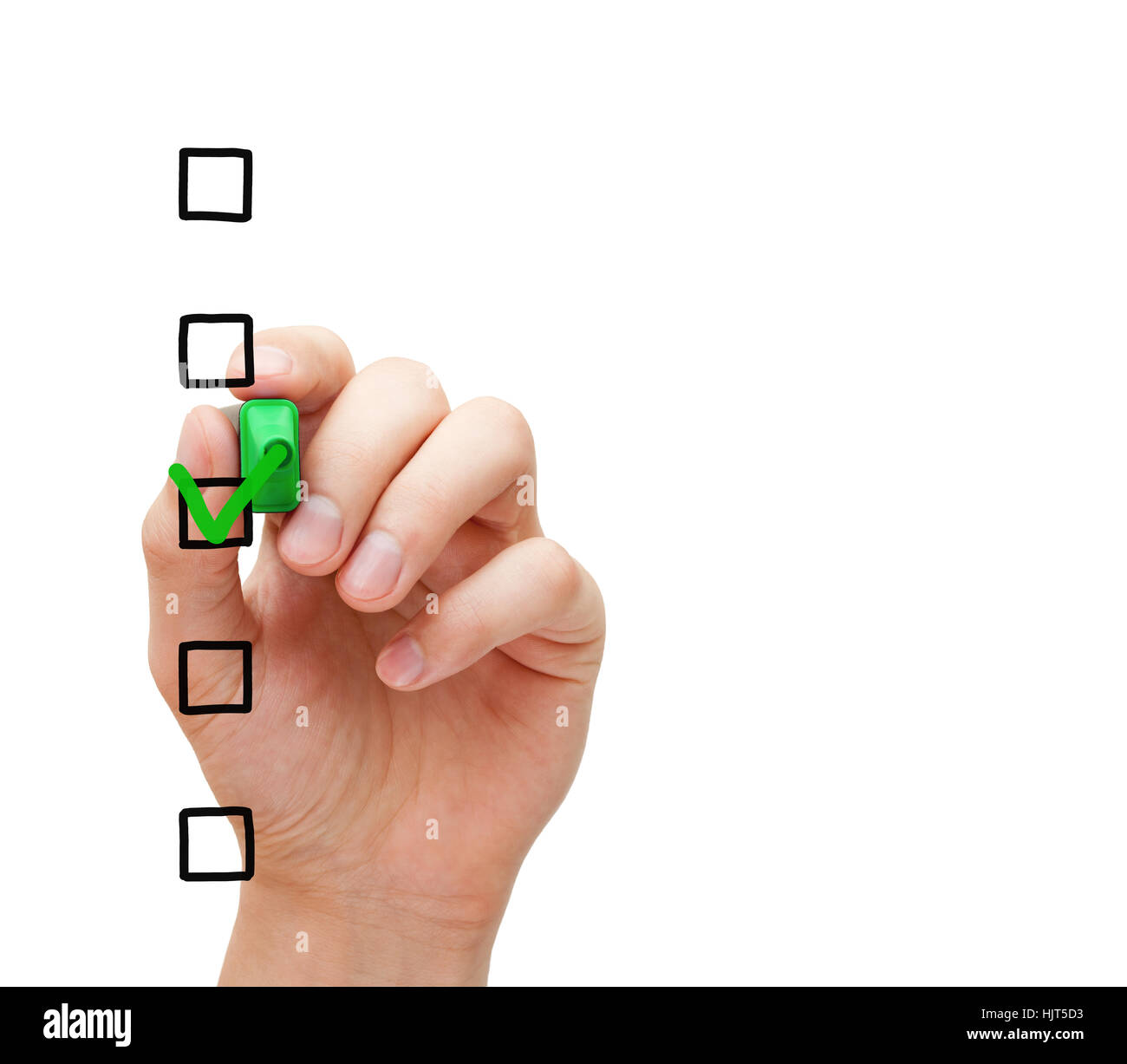 Hand putting check mark with green marker on blank survey checklist on transparent glass board. Stock Photo