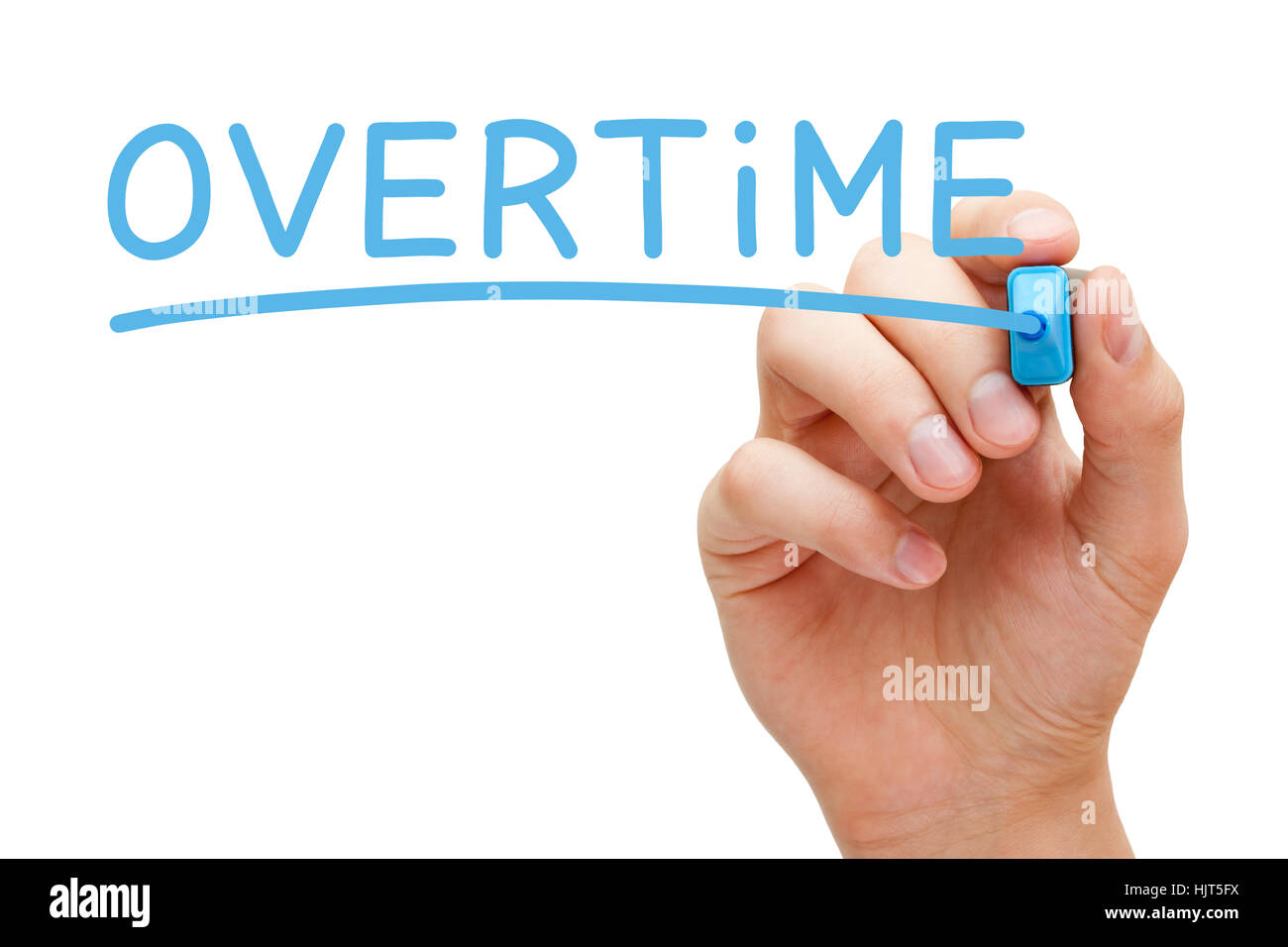 Hand writing Overtime with blue marker on transparent glass board. Stock Photo
