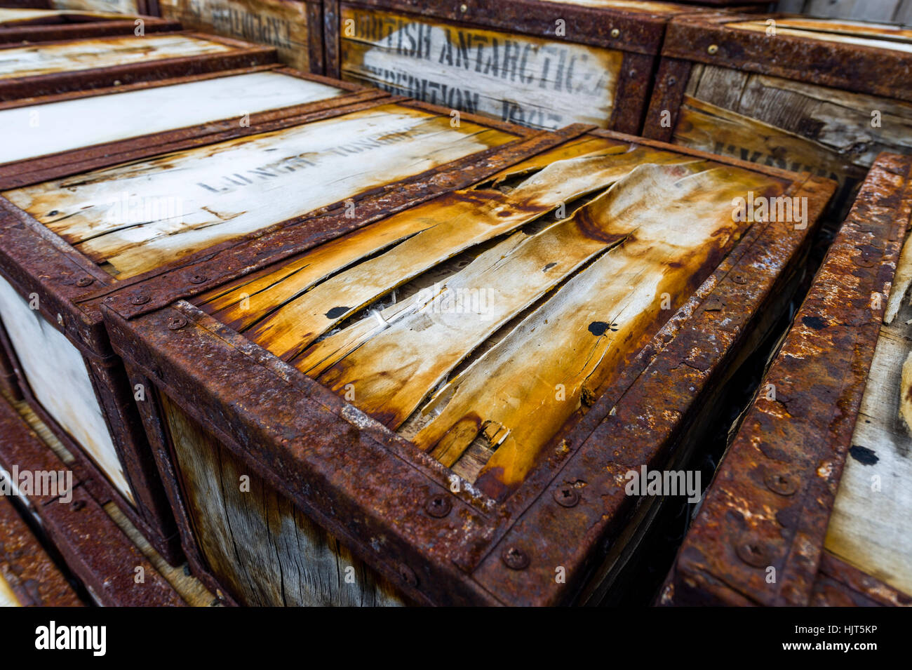 Food supplies and storage boxes outside the hut of Antarctic explorer Ernest Shackleton Stock