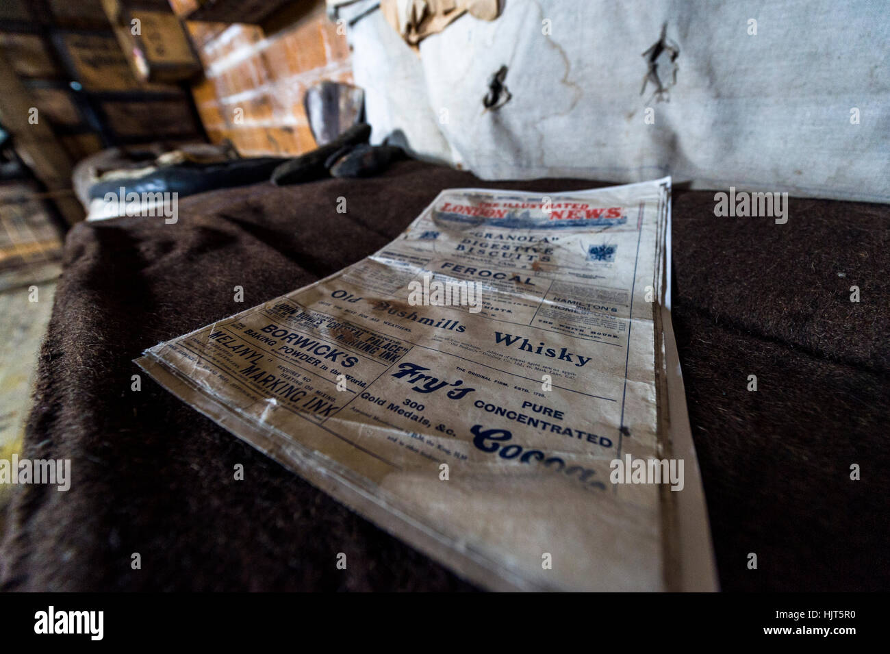 A copy of the Illustrated London News in Antarctic explorer Ernest Shackelton's hut. Stock Photo